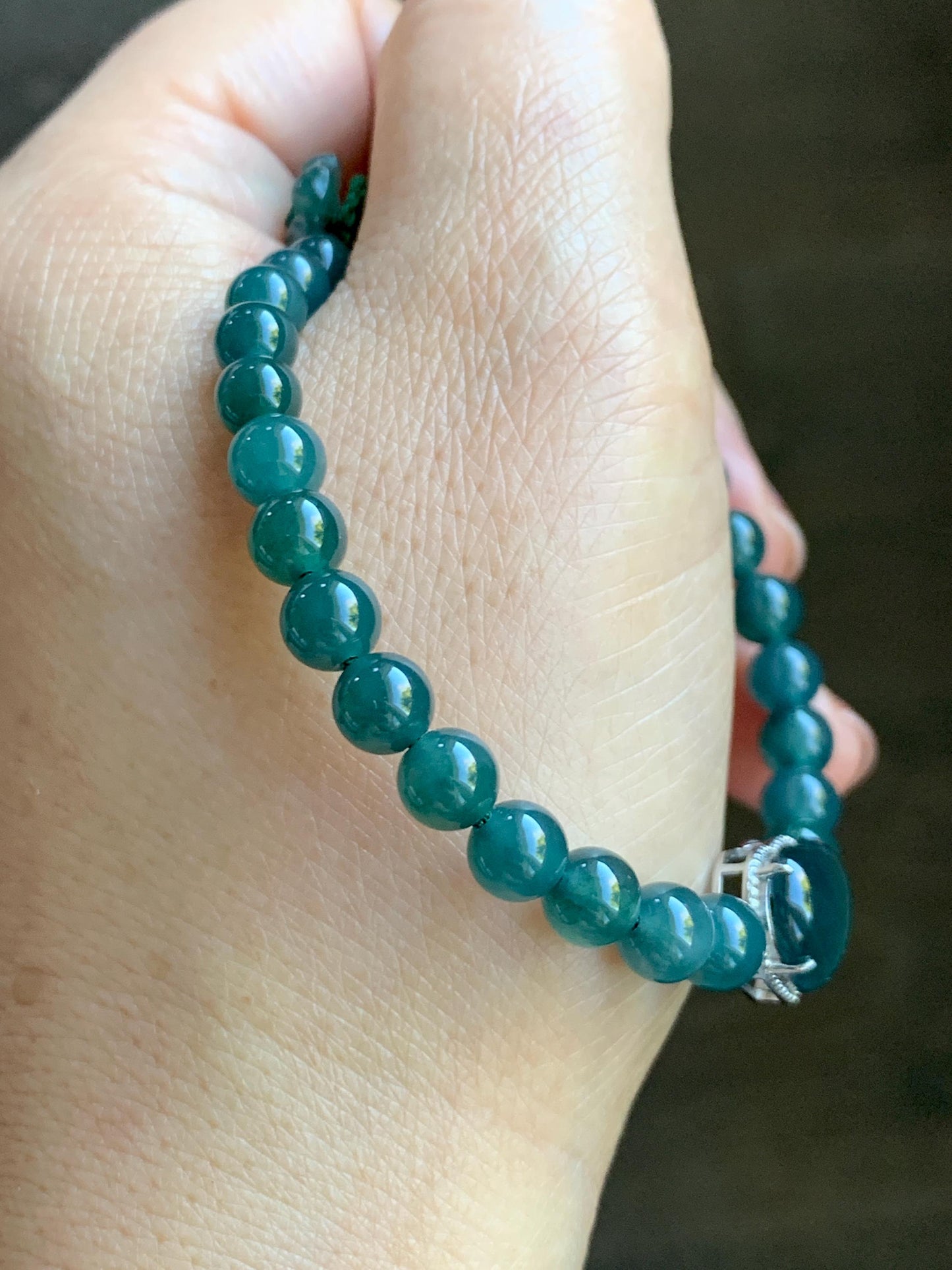 Natural Guatemalan Icy Translucent Dark Teal Blue Jade Jadeite Heart Charm Beaded Bracelet Sterling Silver 7” 天然冰危深蓝翡翠爱心潘多拉圆珠手串 WAX168
