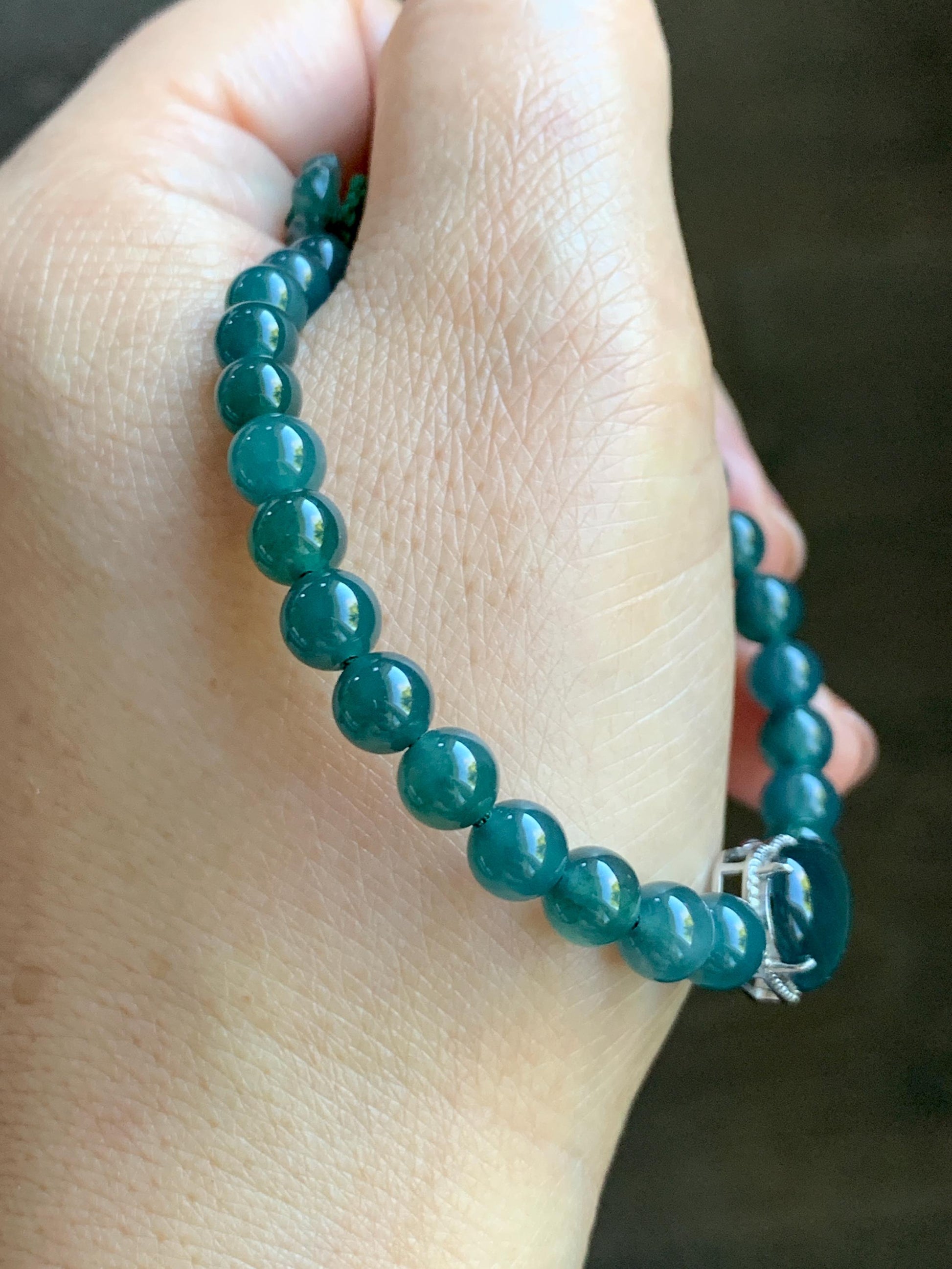 Natural Guatemalan Icy Translucent Dark Teal Blue Jade Jadeite Heart Charm Beaded Bracelet Sterling Silver 7” 天然冰危深蓝翡翠爱心潘多拉圆珠手串 WAX168