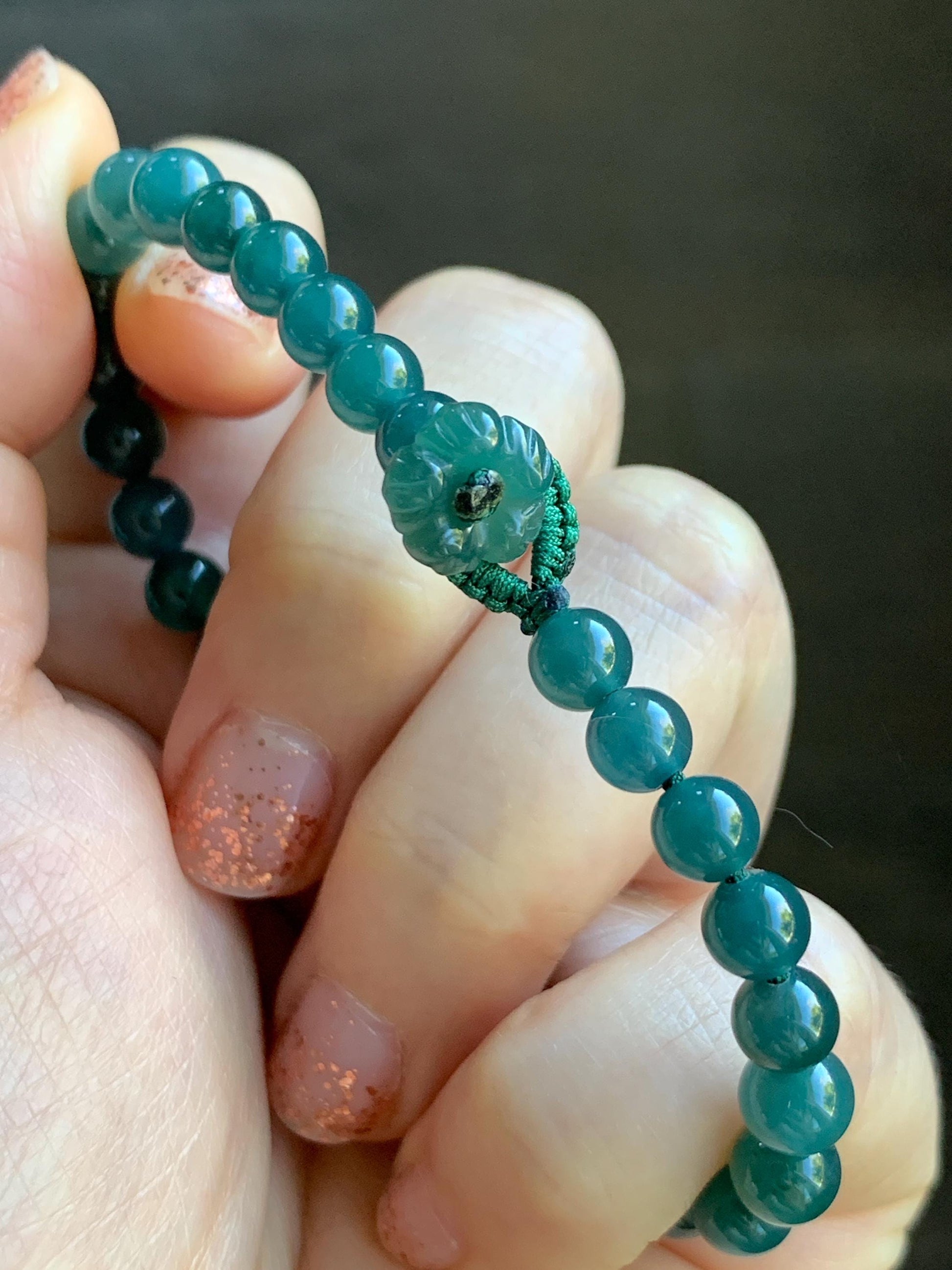 Natural Guatemalan Icy Translucent Dark Teal Blue Jade Jadeite Heart Charm Beaded Bracelet Sterling Silver 7” 天然冰危深蓝翡翠爱心潘多拉圆珠手串 WAX168