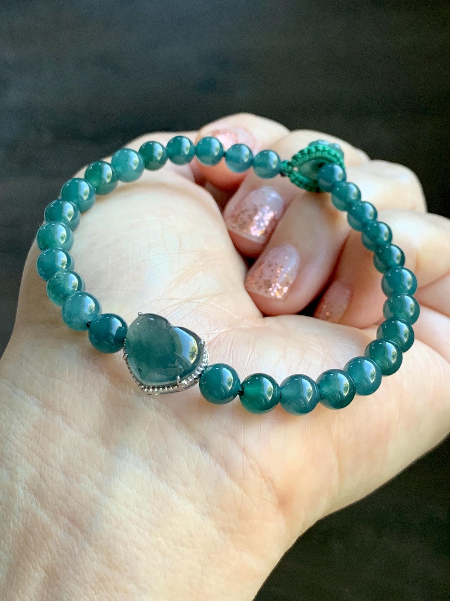 Natural Guatemalan Icy Translucent Dark Teal Blue Jade Jadeite Heart Charm Beaded Bracelet Sterling Silver 7” 天然冰危深蓝翡翠爱心潘多拉圆珠手串 WAX168