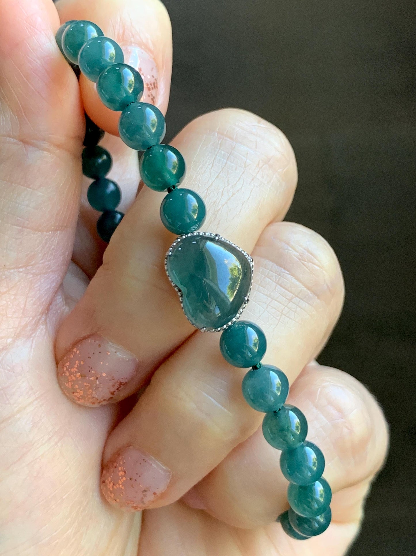 Natural Guatemalan Icy Translucent Dark Teal Blue Jade Jadeite Heart Charm Beaded Bracelet Sterling Silver 7” 天然冰危深蓝翡翠爱心潘多拉圆珠手串 WAX168