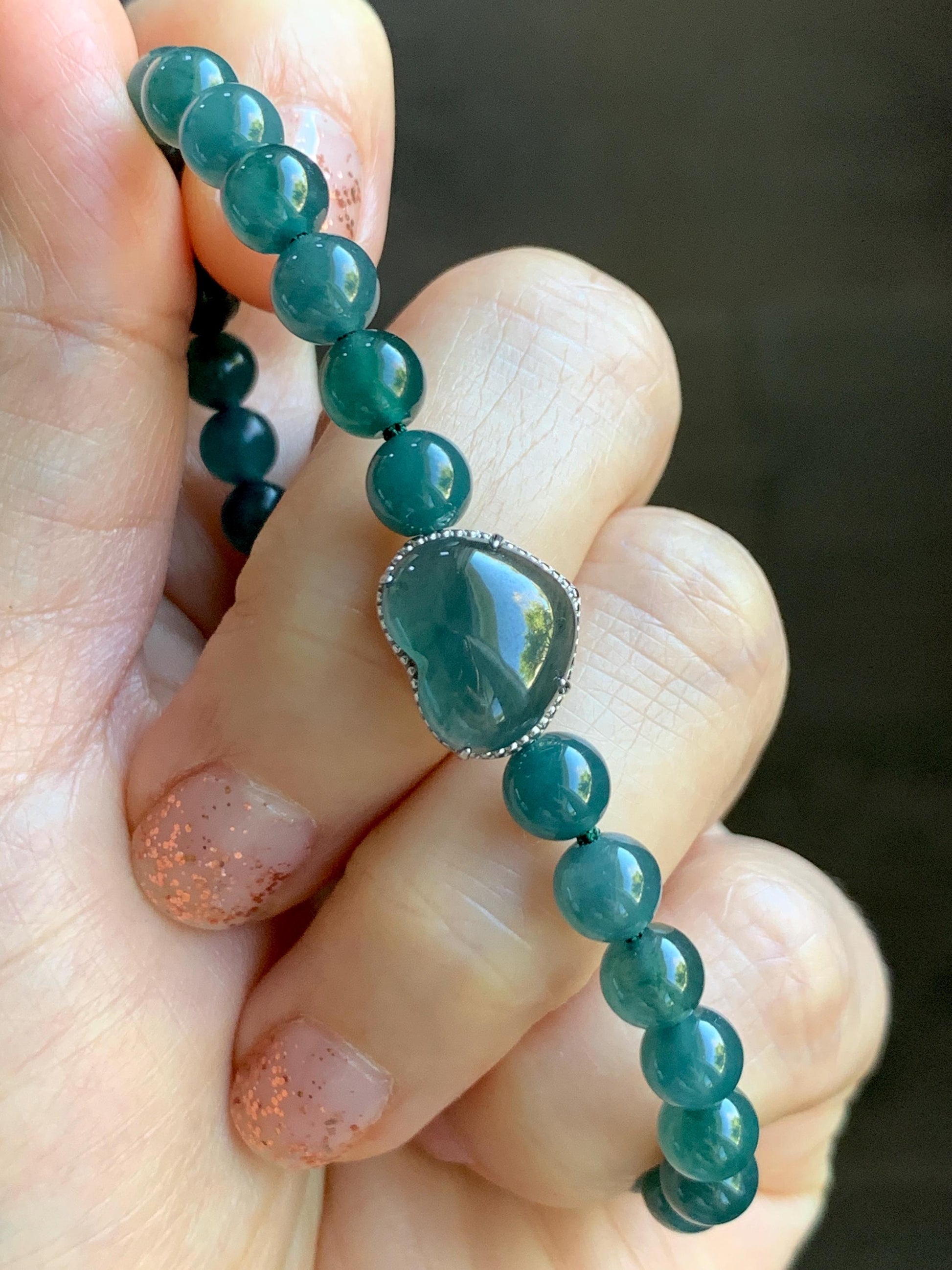 Natural Guatemalan Icy Translucent Dark Teal Blue Jade Jadeite Heart Charm Beaded Bracelet Sterling Silver 7” 天然冰危深蓝翡翠爱心潘多拉圆珠手串 WAX168