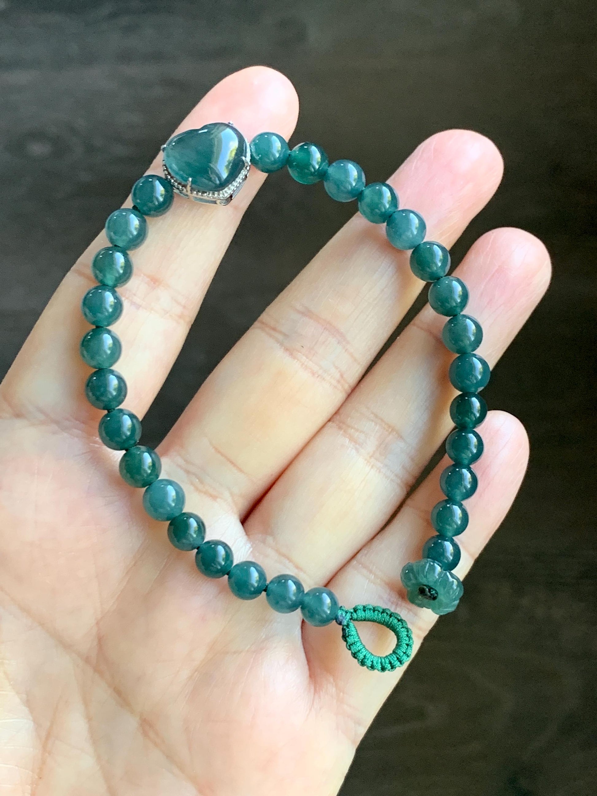 Natural Guatemalan Icy Translucent Dark Teal Blue Jade Jadeite Heart Charm Beaded Bracelet Sterling Silver 7” 天然冰危深蓝翡翠爱心潘多拉圆珠手串 WAX168