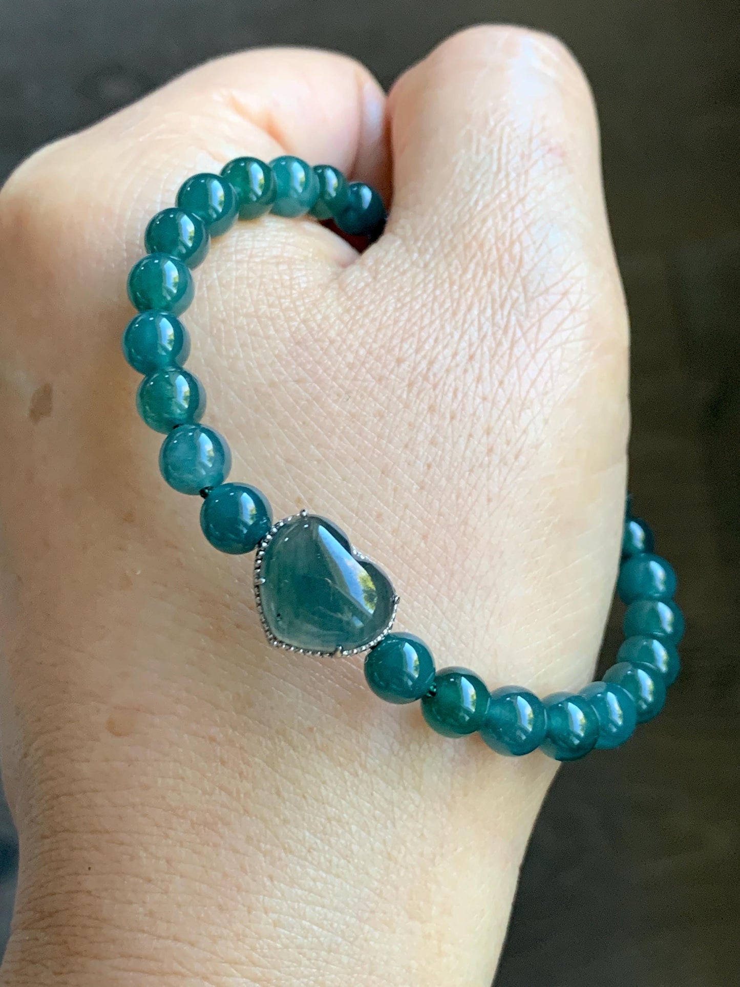 Natural Guatemalan Icy Translucent Dark Teal Blue Jade Jadeite Heart Charm Beaded Bracelet Sterling Silver 7” 天然冰危深蓝翡翠爱心潘多拉圆珠手串 WAX168