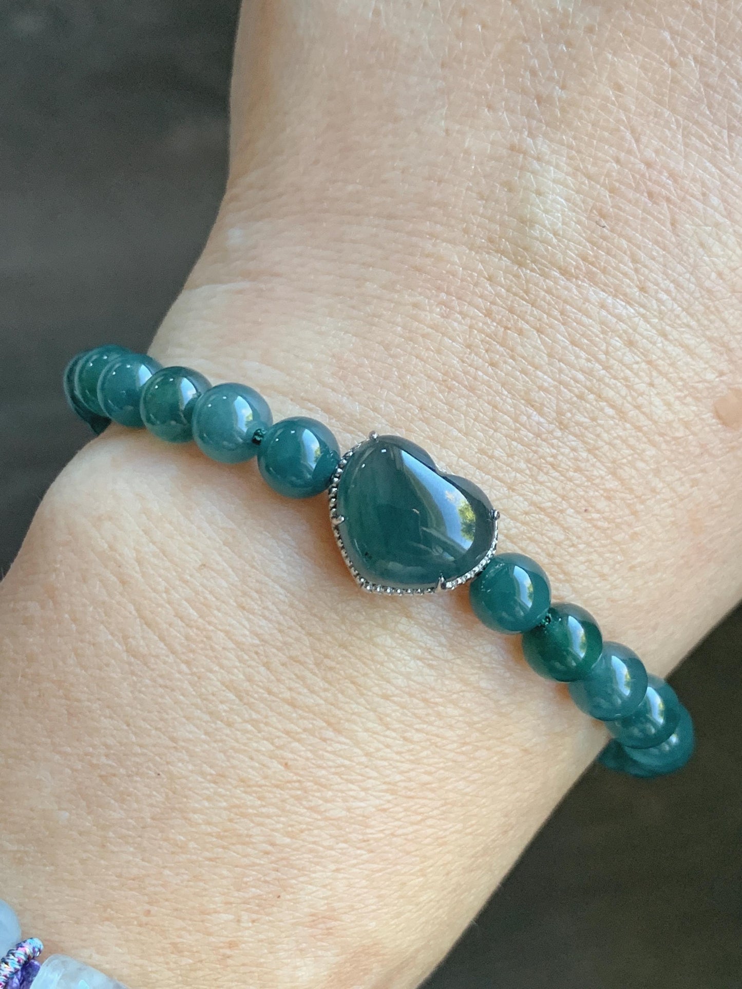 Natural Guatemalan Icy Translucent Dark Teal Blue Jade Jadeite Heart Charm Beaded Bracelet Sterling Silver 7” 天然冰危深蓝翡翠爱心潘多拉圆珠手串 WAX168