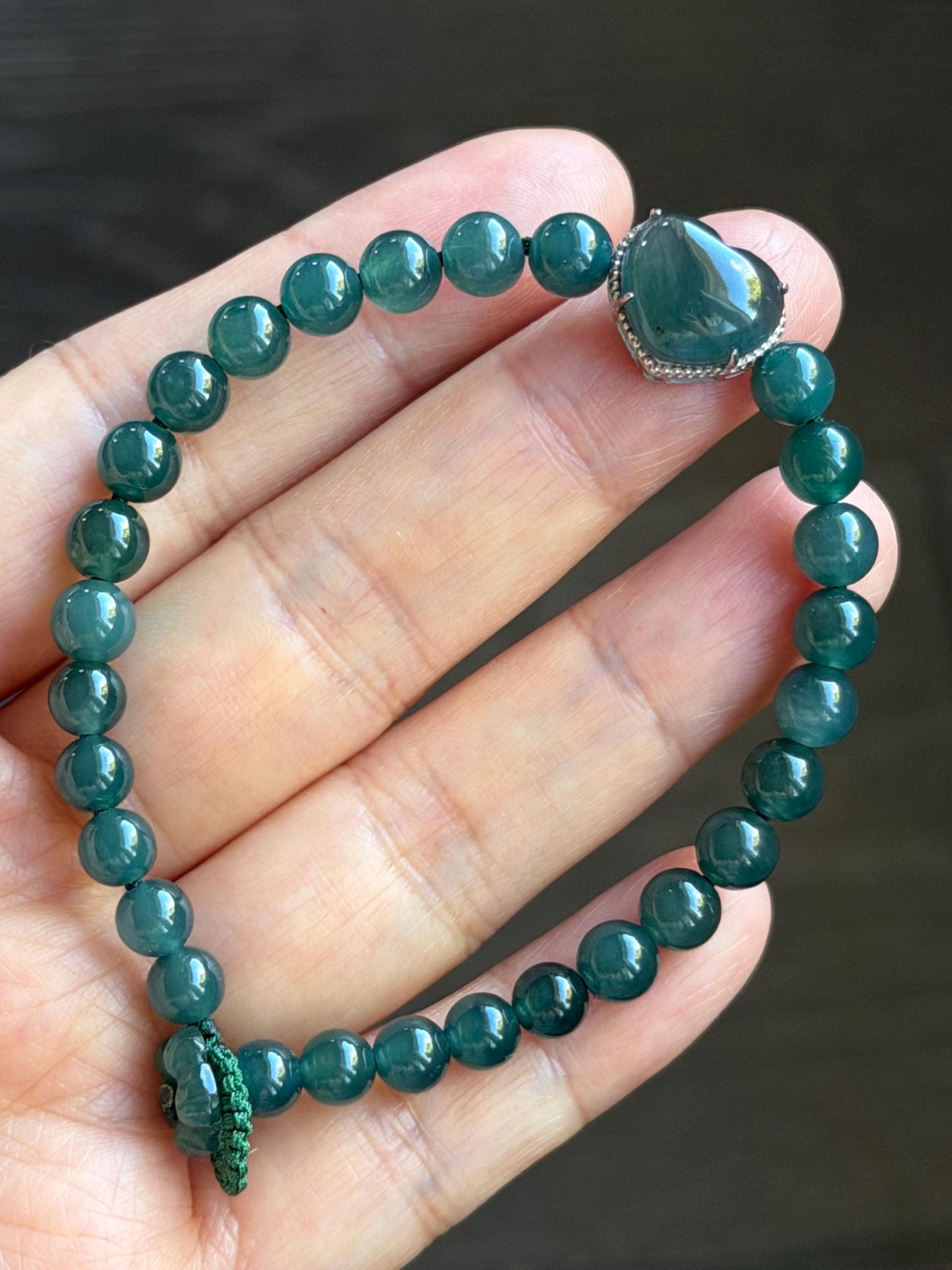 Natural Guatemalan Icy Translucent Dark Teal Blue Jade Jadeite Heart Charm Beaded Bracelet Sterling Silver 7” 天然冰危深蓝翡翠爱心潘多拉圆珠手串 WAX168