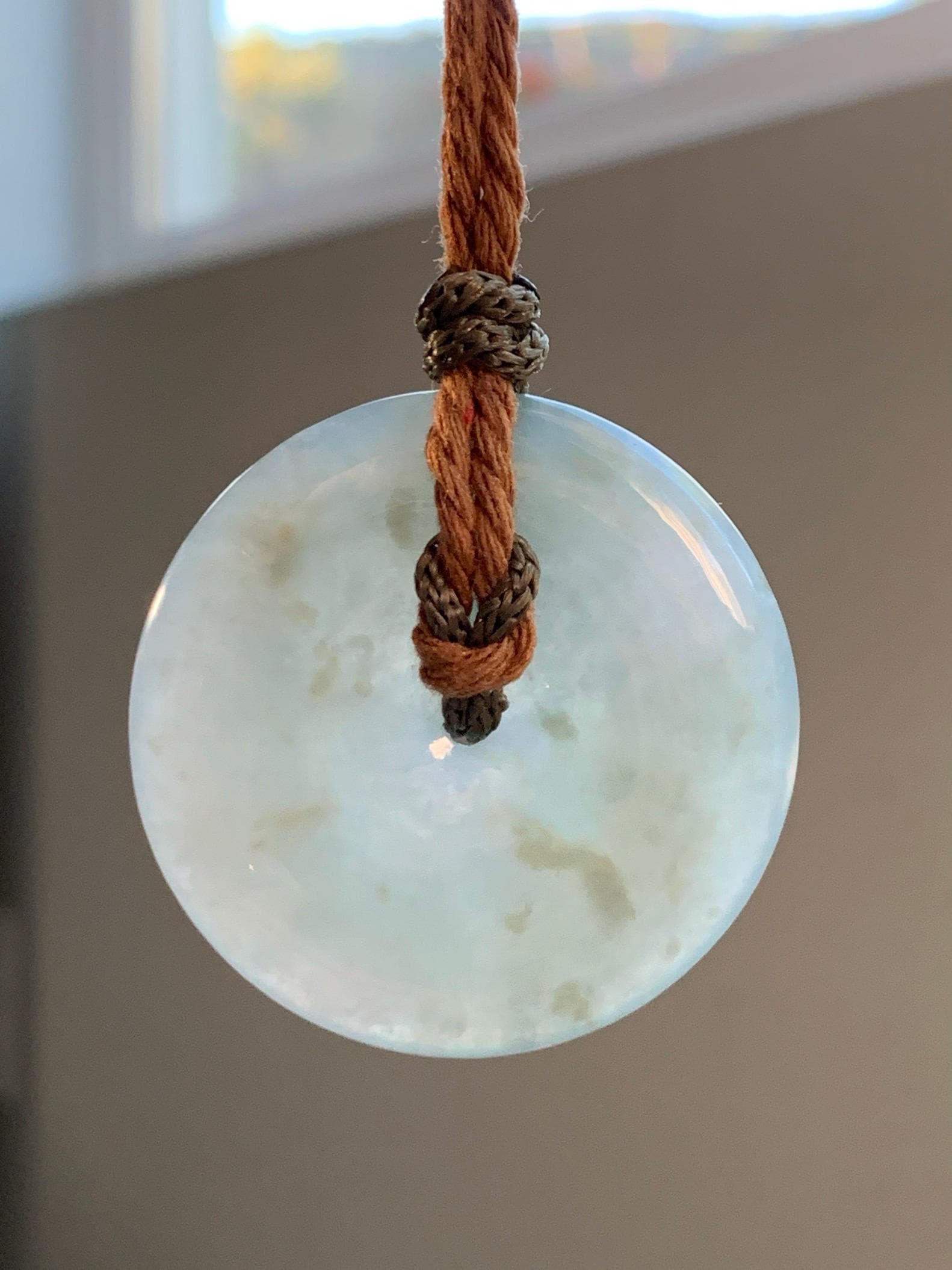 Natural Grade A Icy Translucent Pastel Green Jade Jadeite Ping An Kou Donut Pendant Rope Necklace 26" 21g 天然冰浅绿色翡翠平安扣吊坠项链 MQQ550C
