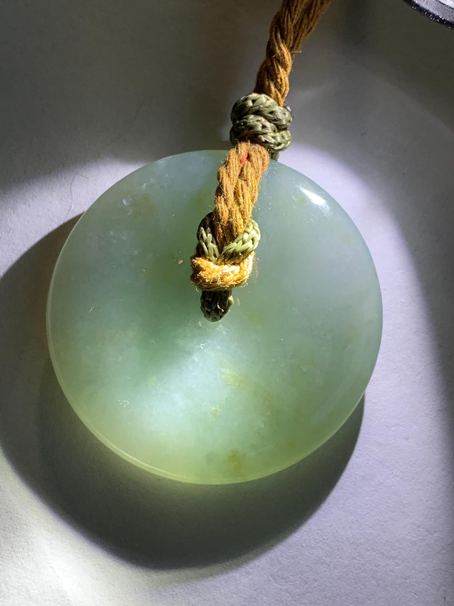 Natural Grade A Icy Translucent Pastel Green Jade Jadeite Ping An Kou Donut Pendant Rope Necklace 26" 21g 天然冰浅绿色翡翠平安扣吊坠项链 MQQ550C