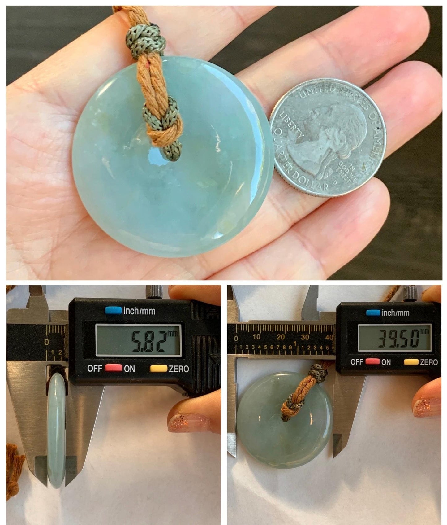 Natural Grade A Icy Translucent Pastel Green Jade Jadeite Ping An Kou Donut Pendant Rope Necklace 26" 21g 天然冰浅绿色翡翠平安扣吊坠项链 MQQ550C