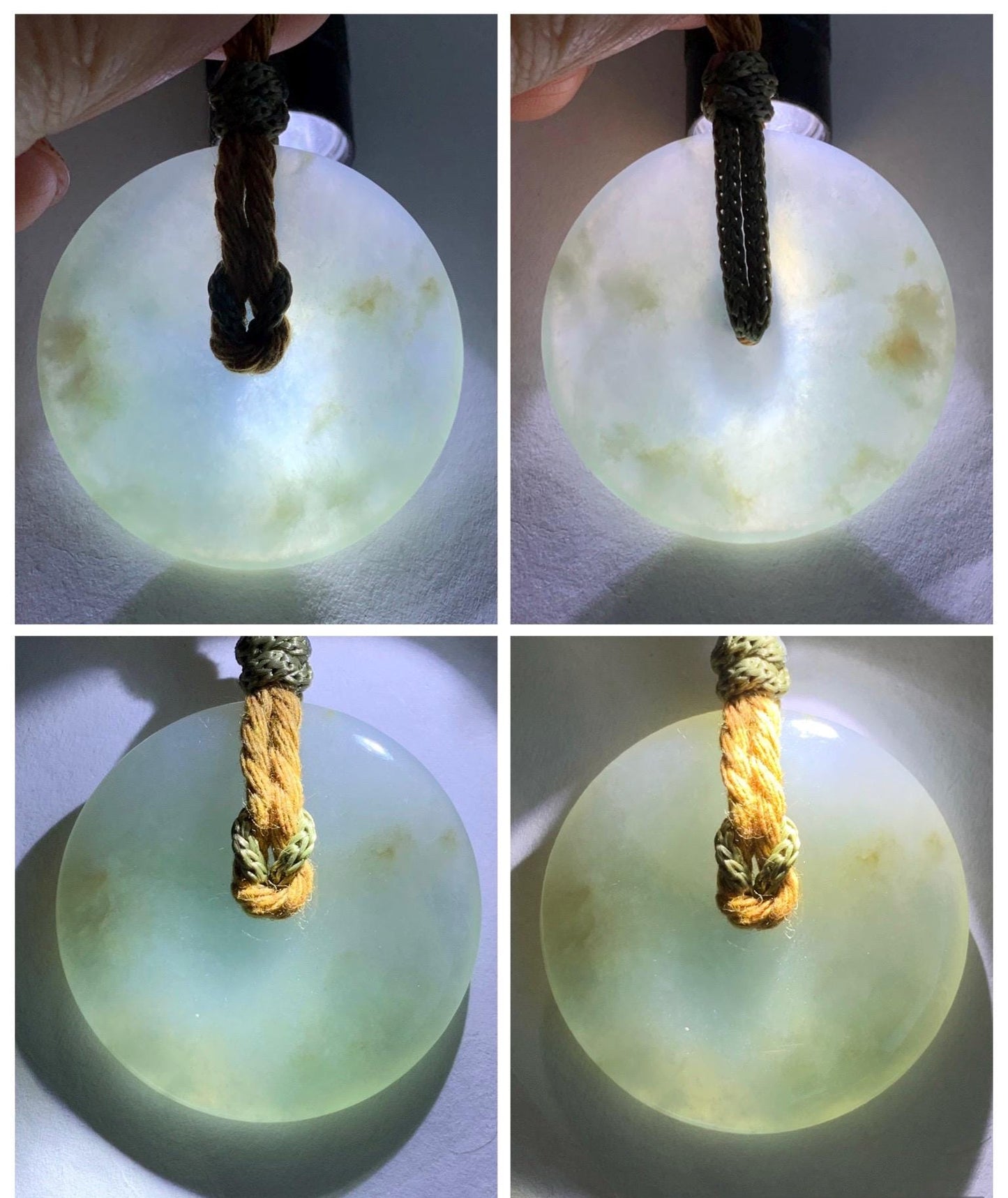 Natural Grade A Icy Translucent Pastel Sage Green Jade Jadeite Ping An Kou Donut Pendant Rope Necklace 26" 18g 天然冰浅绿色翡翠平安扣吊坠项链 MQQ550B