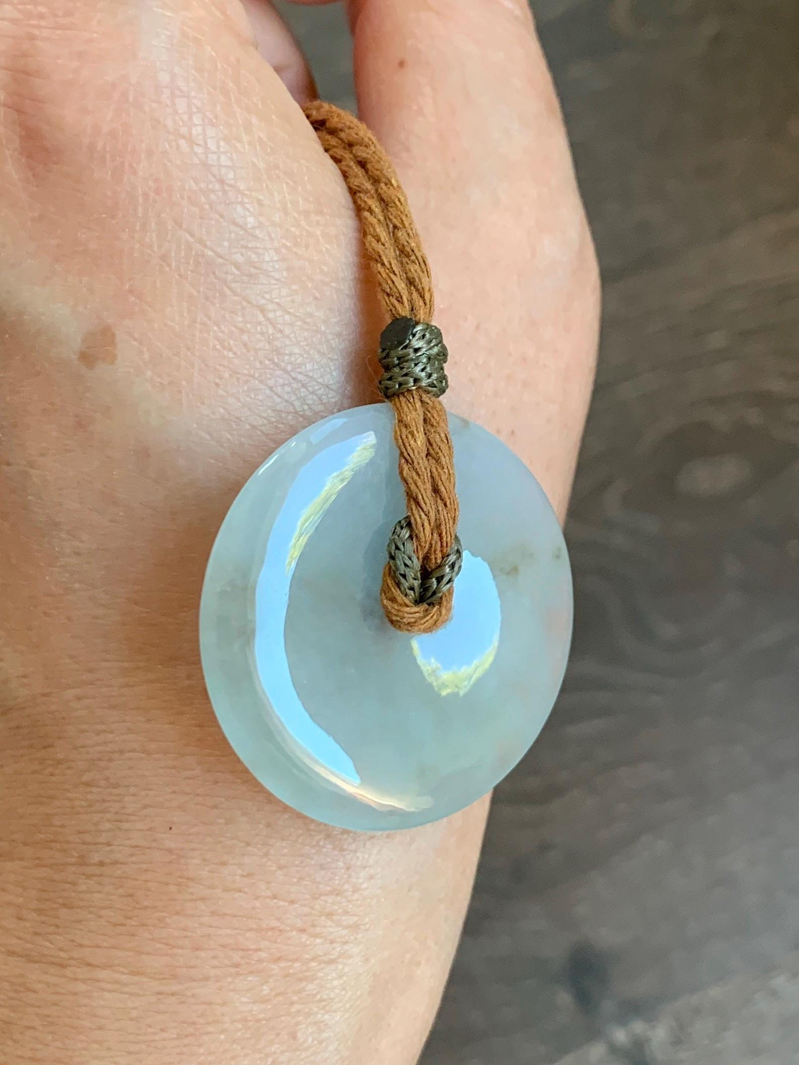 Natural Grade A Icy Translucent Pastel Sage Green Jade Jadeite Ping An Kou Donut Pendant Rope Necklace 26" 18g 天然冰浅绿色翡翠平安扣吊坠项链 MQQ550B