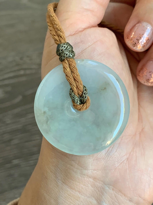 Natural Grade A Icy Translucent Pastel Sage Green Jade Jadeite Ping An Kou Donut Pendant Rope Necklace 26" 18g 天然冰浅绿色翡翠平安扣吊坠项链 MQQ550B