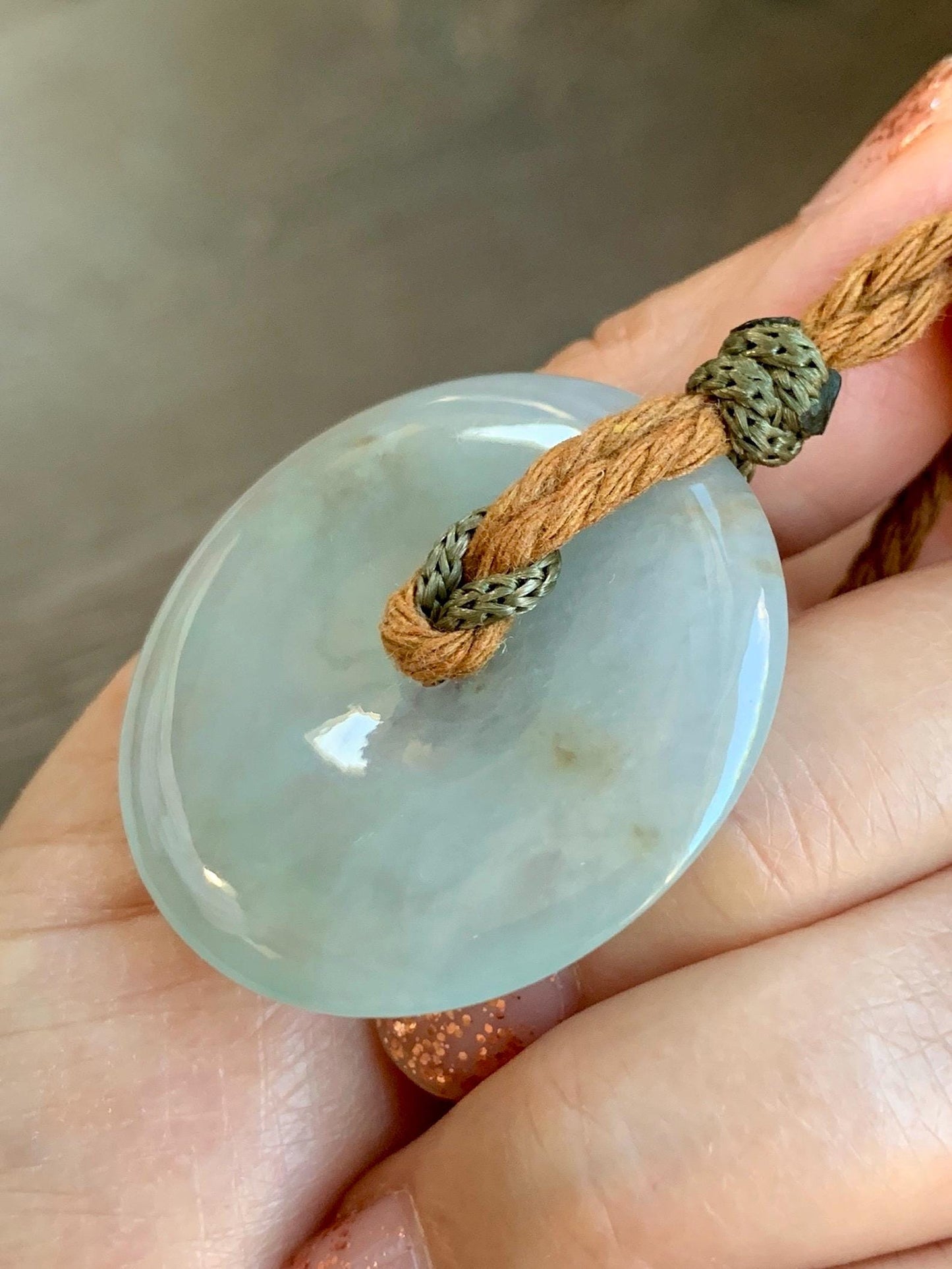 Natural Grade A Icy Translucent Pastel Sage Green Jade Jadeite Ping An Kou Donut Pendant Rope Necklace 26" 18g 天然冰浅绿色翡翠平安扣吊坠项链 MQQ550B