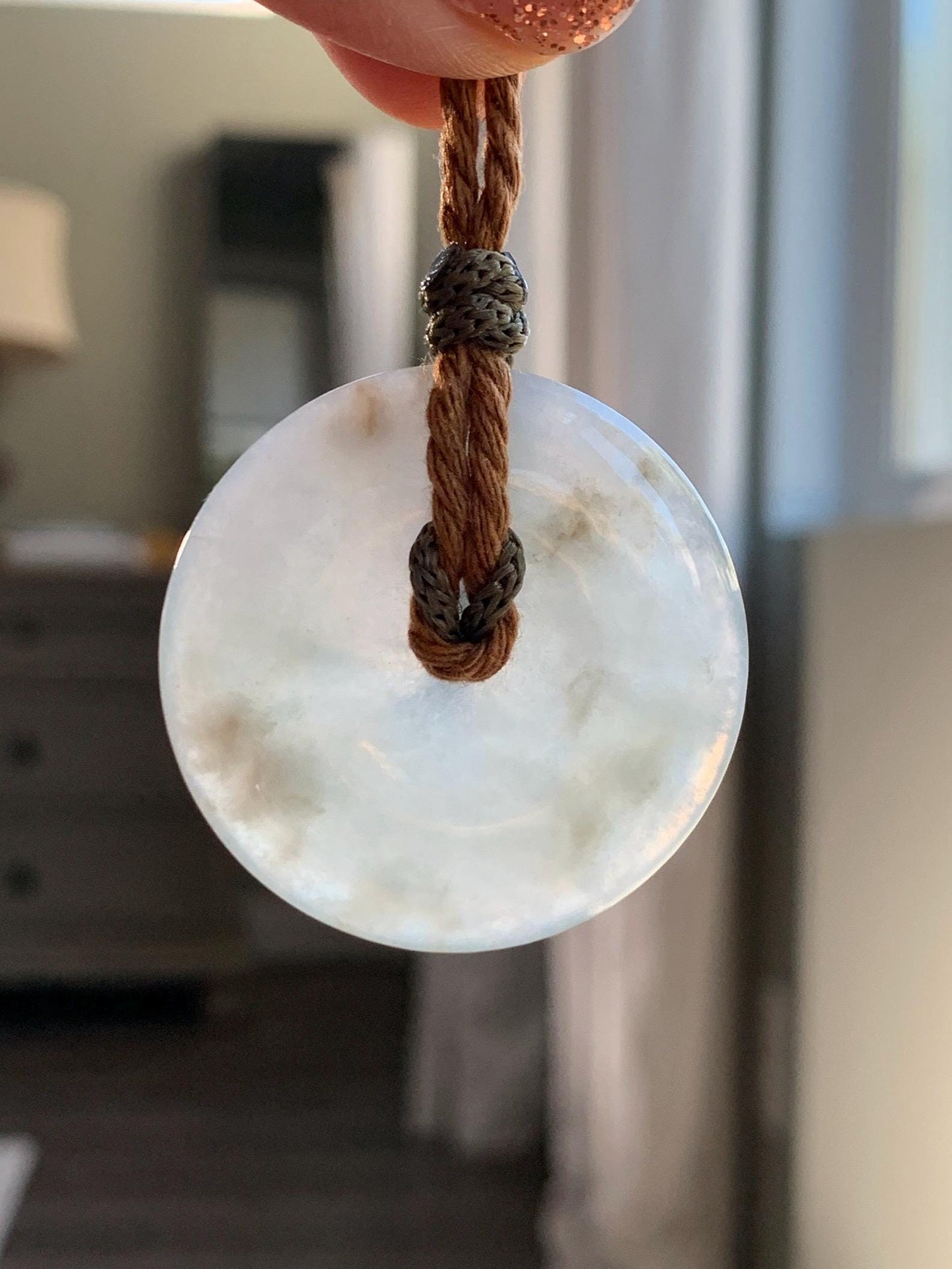 Natural Grade A Icy Translucent Pastel Sage Green Jade Jadeite Ping An Kou Donut Pendant Rope Necklace 26" 18g 天然冰浅绿色翡翠平安扣吊坠项链 MQQ550B