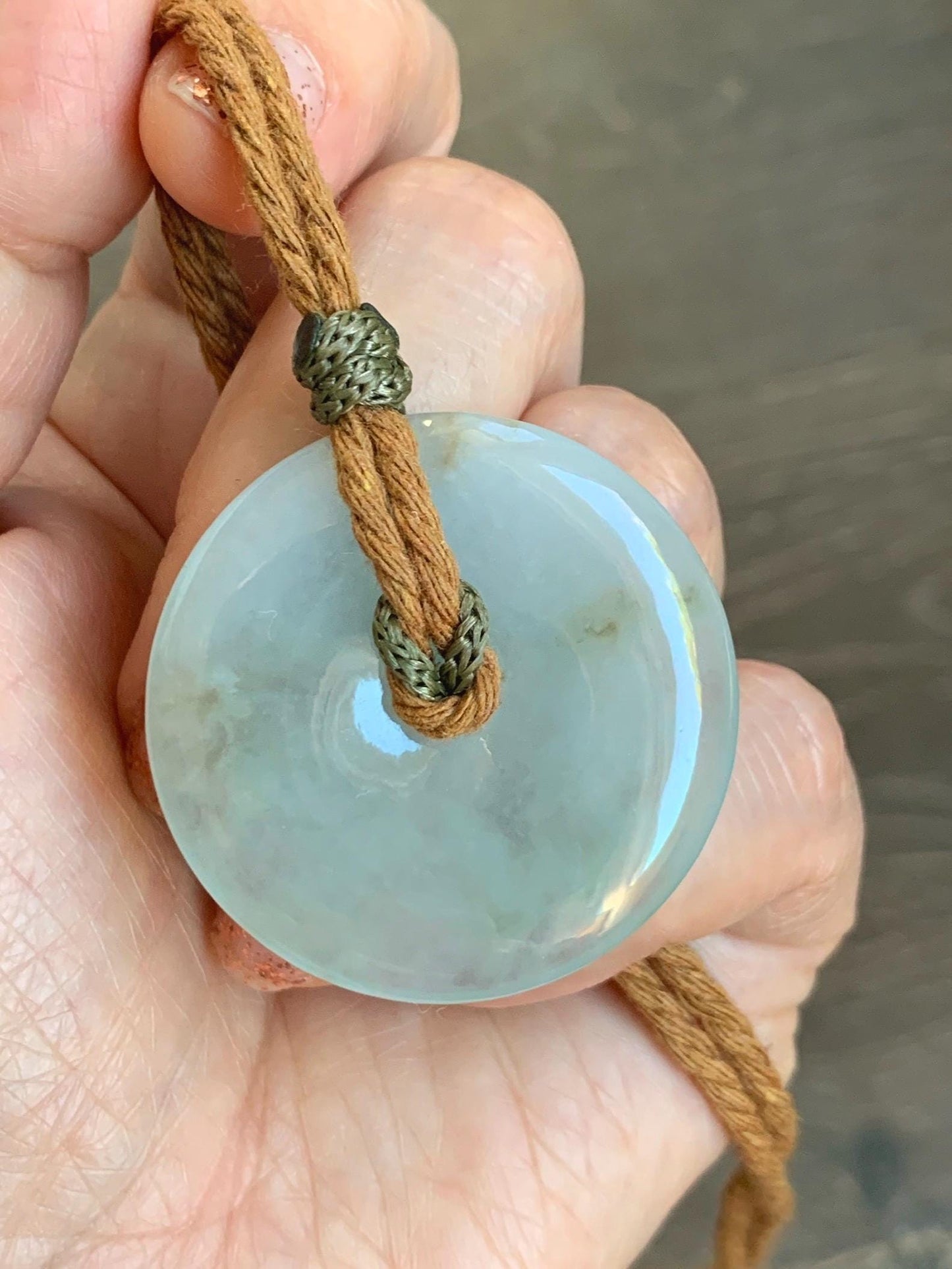 Natural Grade A Icy Translucent Pastel Sage Green Jade Jadeite Ping An Kou Donut Pendant Rope Necklace 26" 18g 天然冰浅绿色翡翠平安扣吊坠项链 MQQ550B