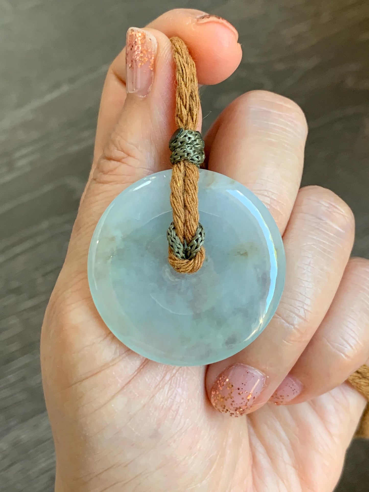 Natural Grade A Icy Translucent Pastel Sage Green Jade Jadeite Ping An Kou Donut Pendant Rope Necklace 26" 18g 天然冰浅绿色翡翠平安扣吊坠项链 MQQ550B