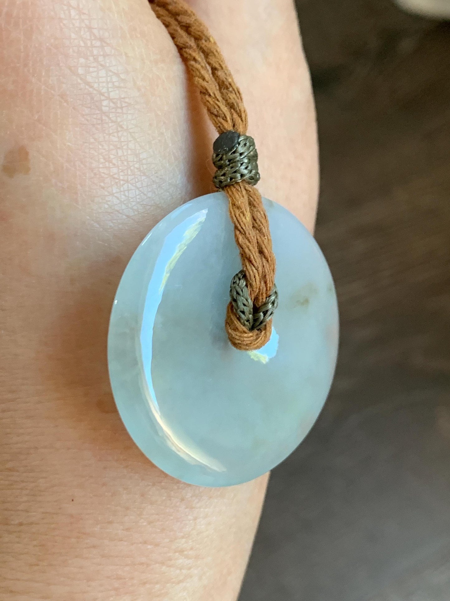 Natural Grade A Icy Translucent Pastel Sage Green Jade Jadeite Ping An Kou Donut Pendant Rope Necklace 26" 18g 天然冰浅绿色翡翠平安扣吊坠项链 MQQ550B