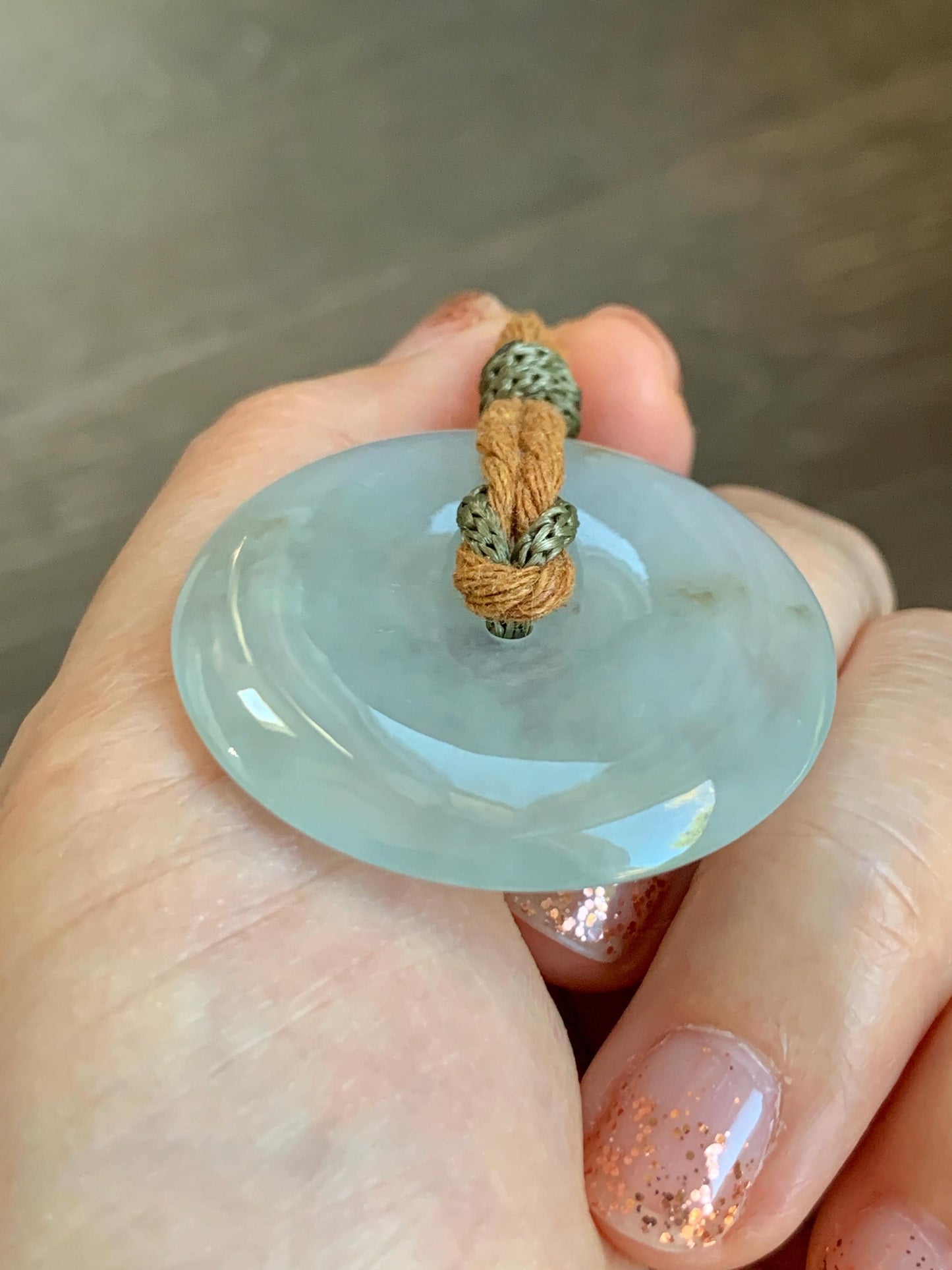 Natural Grade A Icy Translucent Pastel Sage Green Jade Jadeite Ping An Kou Donut Pendant Rope Necklace 26" 18g 天然冰浅绿色翡翠平安扣吊坠项链 MQQ550B
