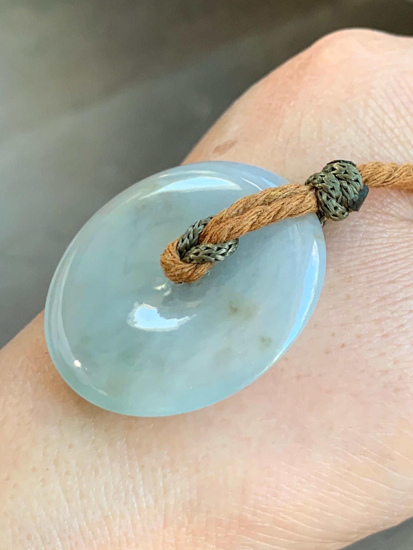 Natural Grade A Icy Translucent Pastel Sage Green Jade Jadeite Ping An Kou Donut Pendant Rope Necklace 26" 18g 天然冰浅绿色翡翠平安扣吊坠项链 MQQ550B