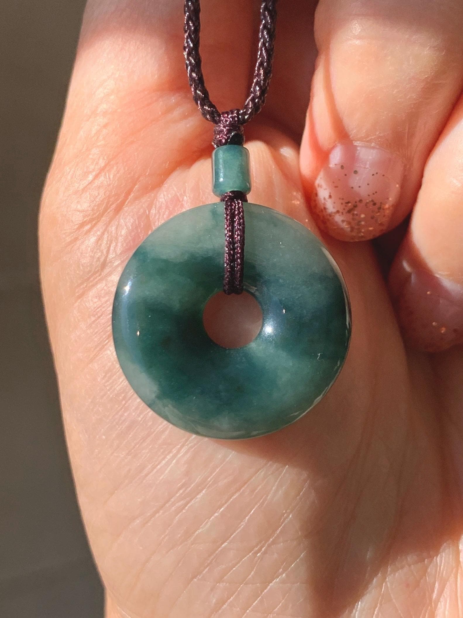 Natural Grade A Icy Translucent Dark Green Marbled Jade Jadeite Ping An Kou Donut Pendant Rope Necklace 24” 5g 天然冰暗绿飘花翡翠平安扣吊坠项链 MPL88