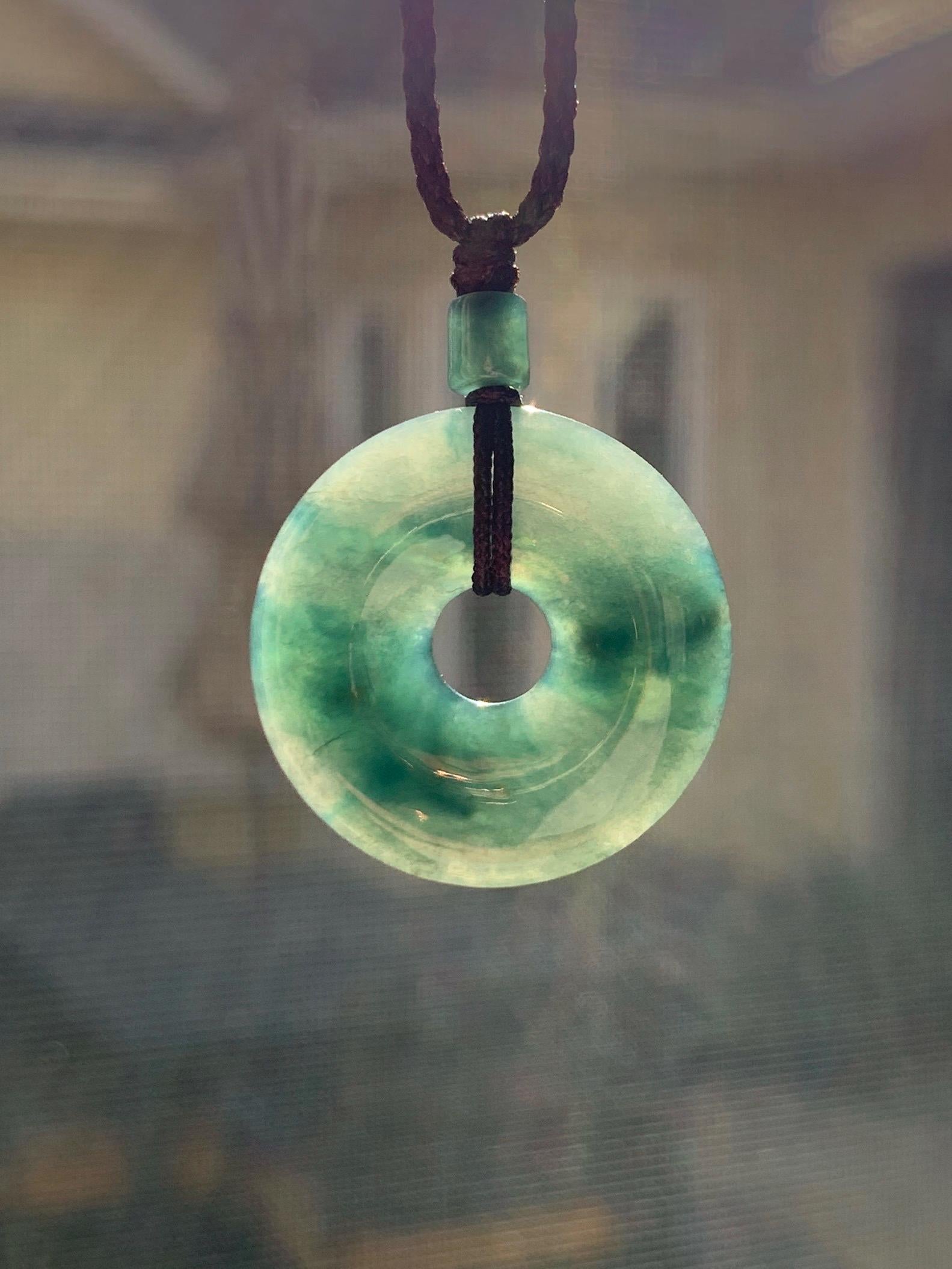 Natural Grade A Icy Translucent Dark Green Marbled Jade Jadeite Ping An Kou Donut Pendant Rope Necklace 24” 5g 天然冰暗绿飘花翡翠平安扣吊坠项链 MPL88