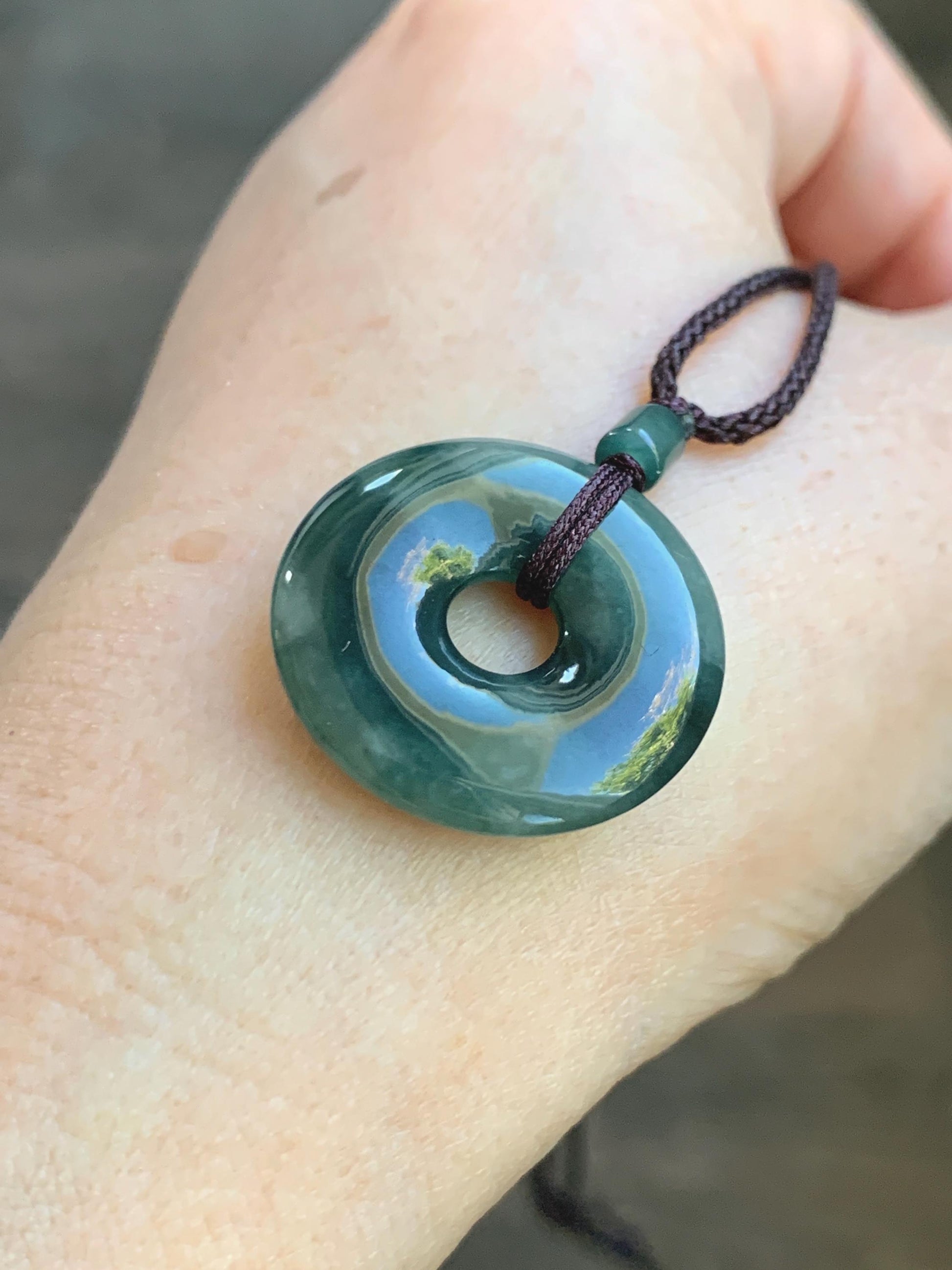 Natural Grade A Icy Translucent Dark Green Marbled Jade Jadeite Ping An Kou Donut Pendant Rope Necklace 24” 5g 天然冰暗绿飘花翡翠平安扣吊坠项链 MPL88