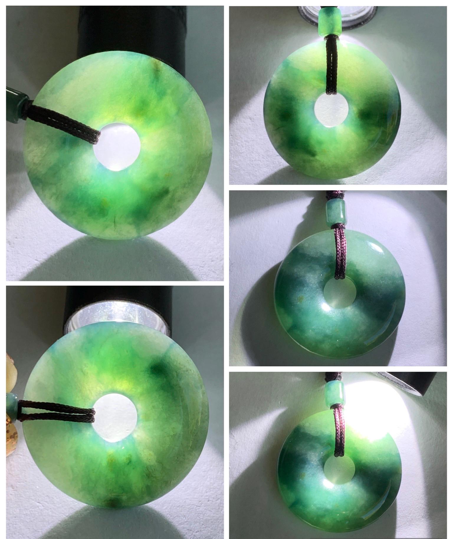 Natural Grade A Icy Translucent Dark Green Marbled Jade Jadeite Ping An Kou Donut Pendant Rope Necklace 24” 5g 天然冰暗绿飘花翡翠平安扣吊坠项链 MPL88