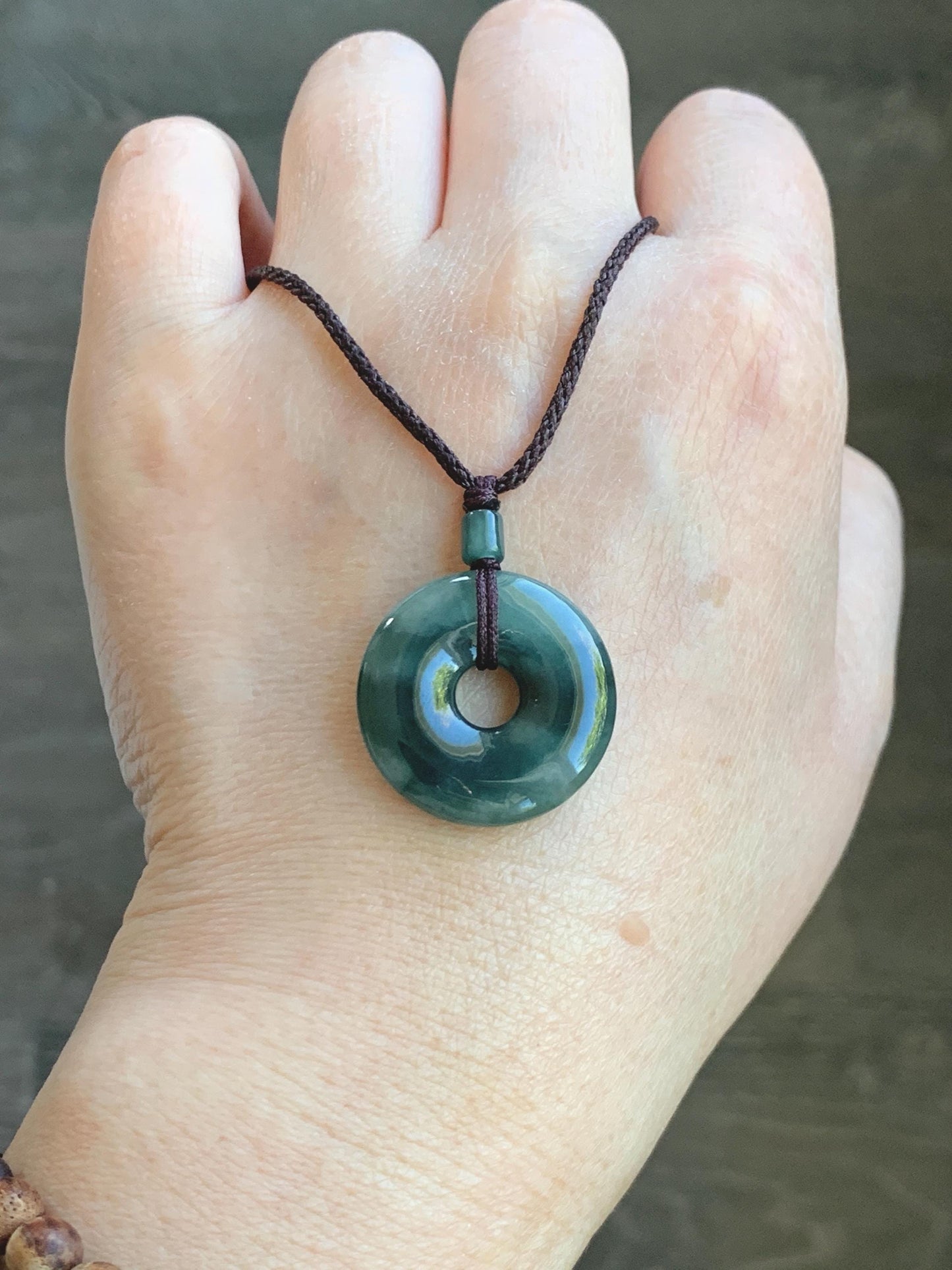 Natural Grade A Icy Translucent Dark Green Marbled Jade Jadeite Ping An Kou Donut Pendant Rope Necklace 24” 5g 天然冰暗绿飘花翡翠平安扣吊坠项链 MPL88