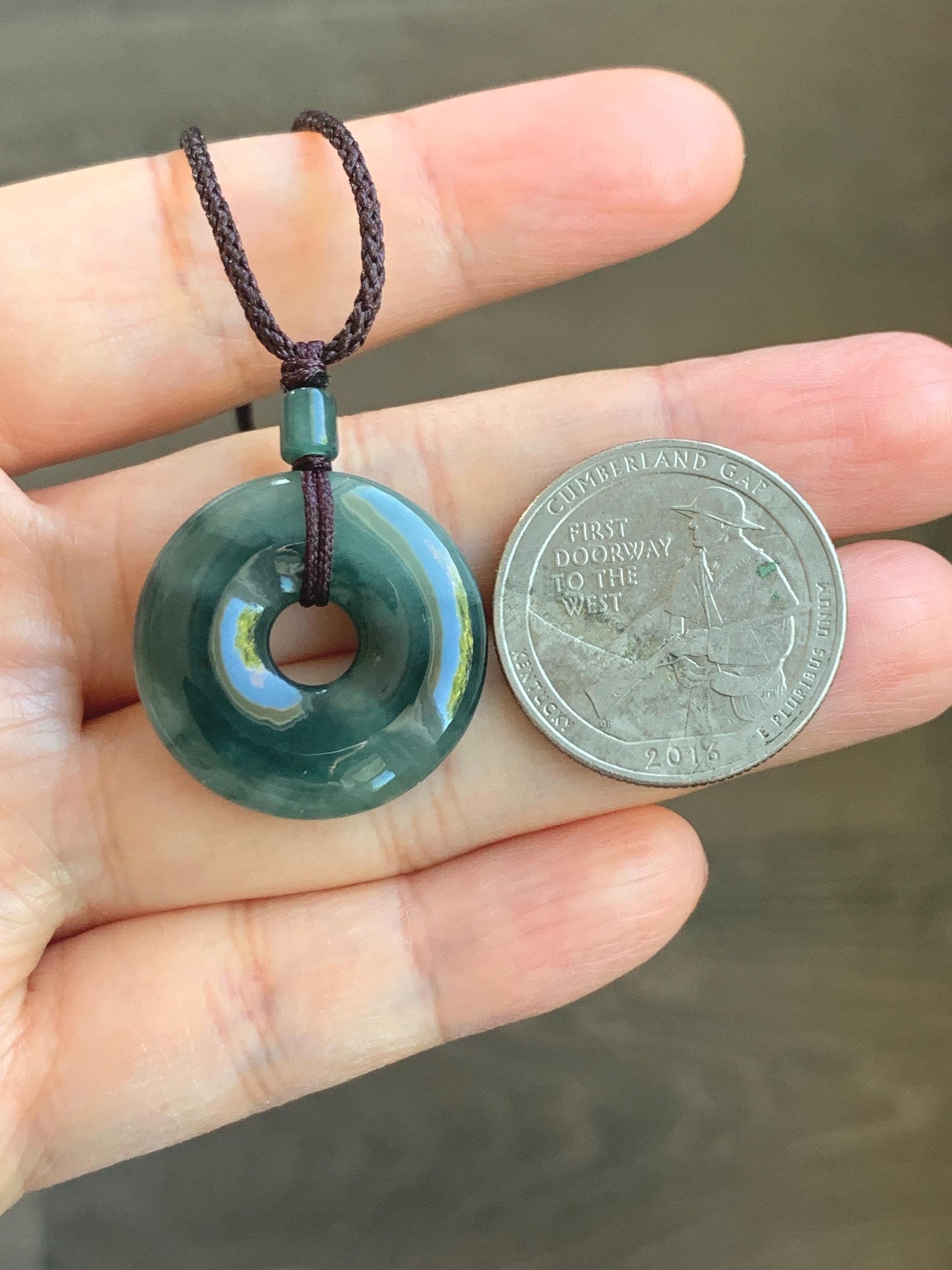 Natural Grade A Icy Translucent Dark Green Marbled Jade Jadeite Ping An Kou Donut Pendant Rope Necklace 24” 5g 天然冰暗绿飘花翡翠平安扣吊坠项链 MPL88