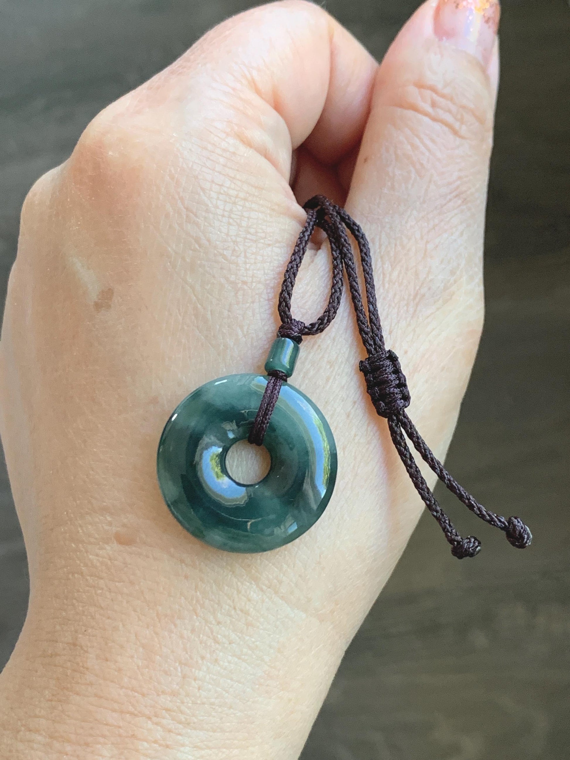 Natural Grade A Icy Translucent Dark Green Marbled Jade Jadeite Ping An Kou Donut Pendant Rope Necklace 24” 5g 天然冰暗绿飘花翡翠平安扣吊坠项链 MPL88