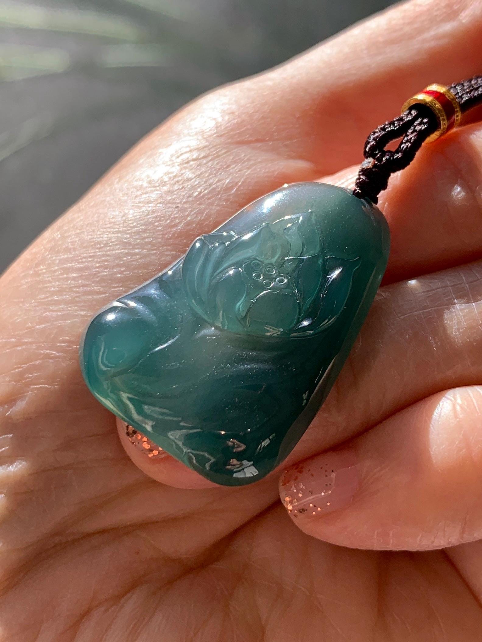 Natural Grade A Guatemalan Icy Translucent Dark Teal Green Jade Jadeite Lotus Flower Pendant Rope Necklace 26” 天然冰胶危深蓝绿翡翠莲花吊坠 WLL132