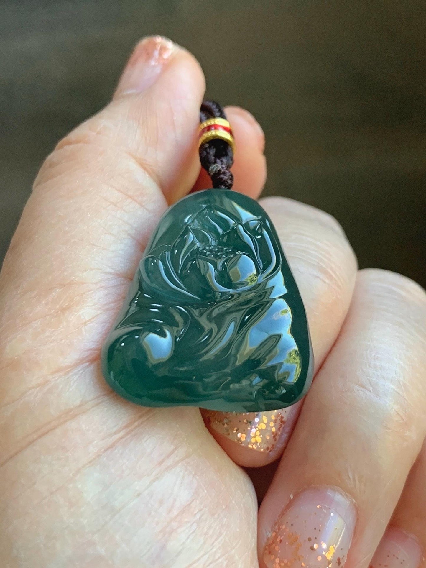 Natural Grade A Guatemalan Icy Translucent Dark Teal Green Jade Jadeite Lotus Flower Pendant Rope Necklace 26” 天然冰胶危深蓝绿翡翠莲花吊坠 WLL132