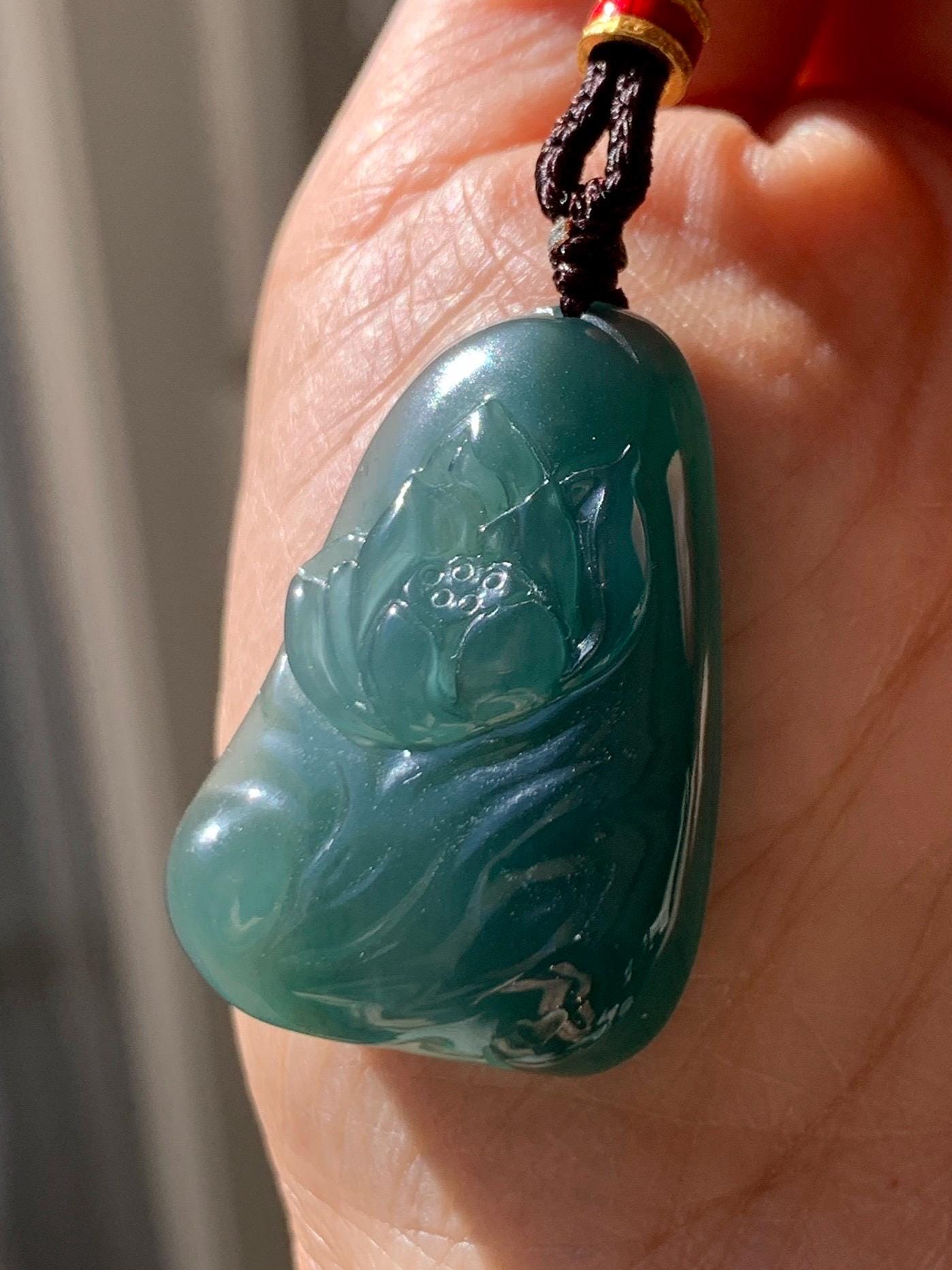Natural Grade A Guatemalan Icy Translucent Dark Teal Green Jade Jadeite Lotus Flower Pendant Rope Necklace 26” 天然冰胶危深蓝绿翡翠莲花吊坠 WLL132