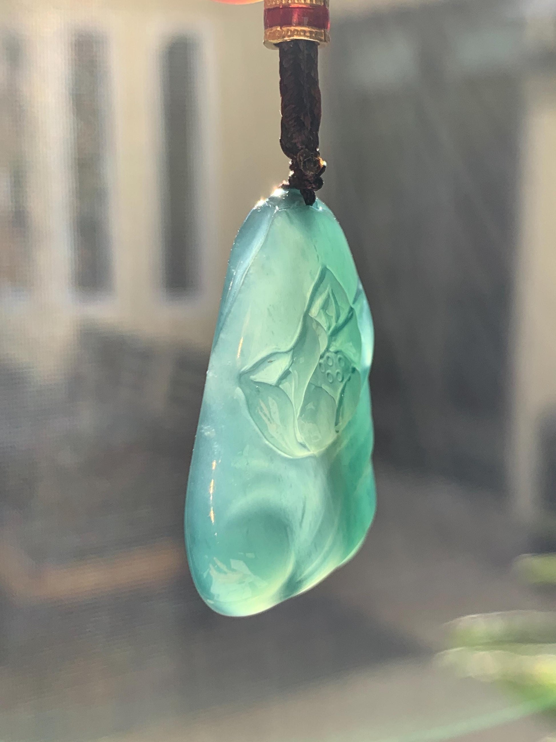 Natural Grade A Guatemalan Icy Translucent Dark Teal Green Jade Jadeite Lotus Flower Pendant Rope Necklace 26” 天然冰胶危深蓝绿翡翠莲花吊坠 WLL132