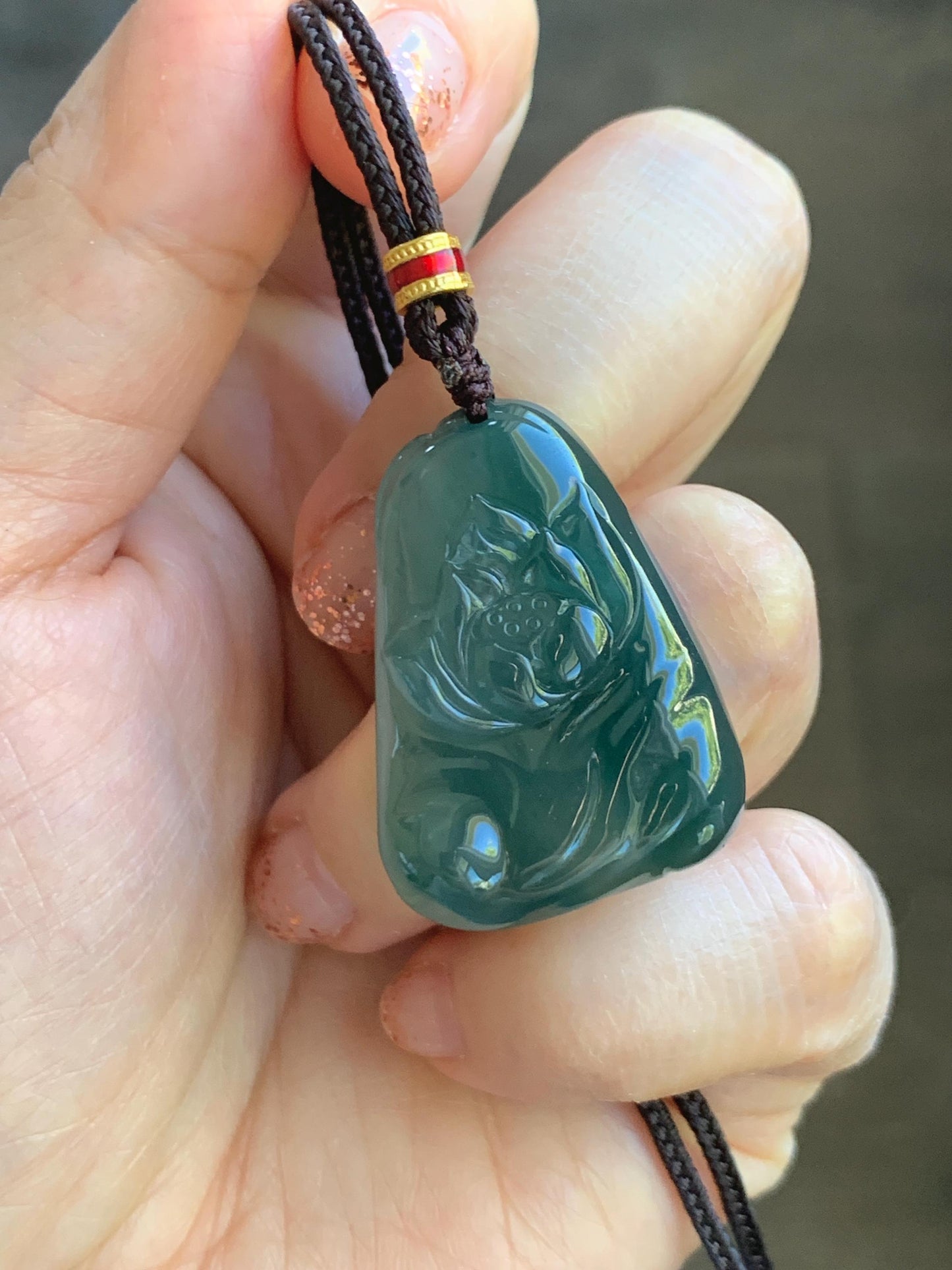 Natural Grade A Guatemalan Icy Translucent Dark Teal Green Jade Jadeite Lotus Flower Pendant Rope Necklace 26” 天然冰胶危深蓝绿翡翠莲花吊坠 WLL132