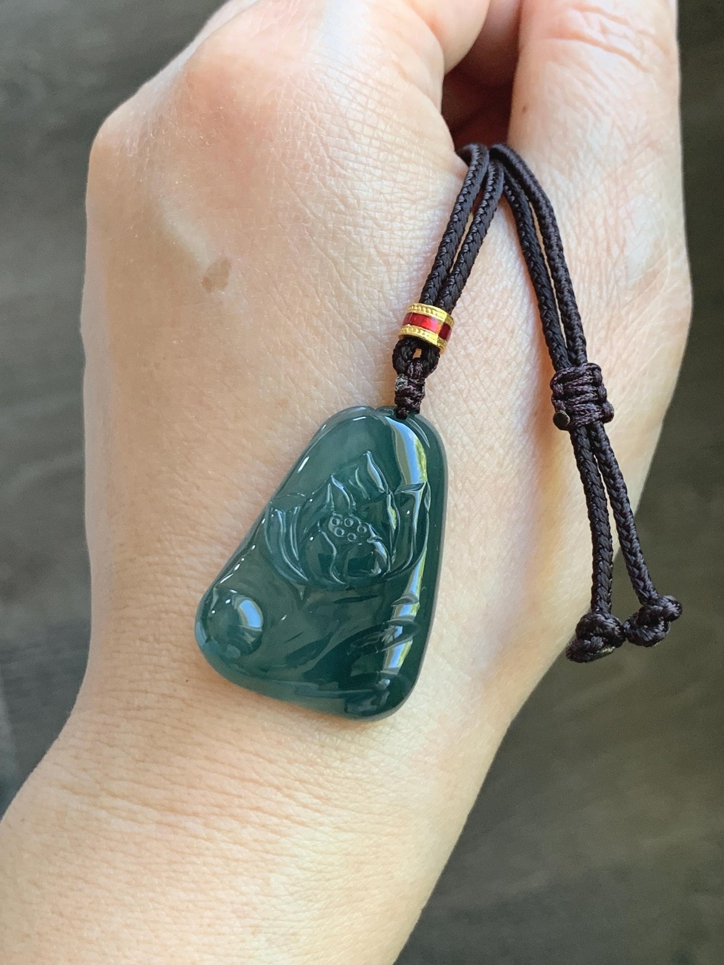 Natural Grade A Guatemalan Icy Translucent Dark Teal Green Jade Jadeite Lotus Flower Pendant Rope Necklace 26” 天然冰胶危深蓝绿翡翠莲花吊坠 WLL132