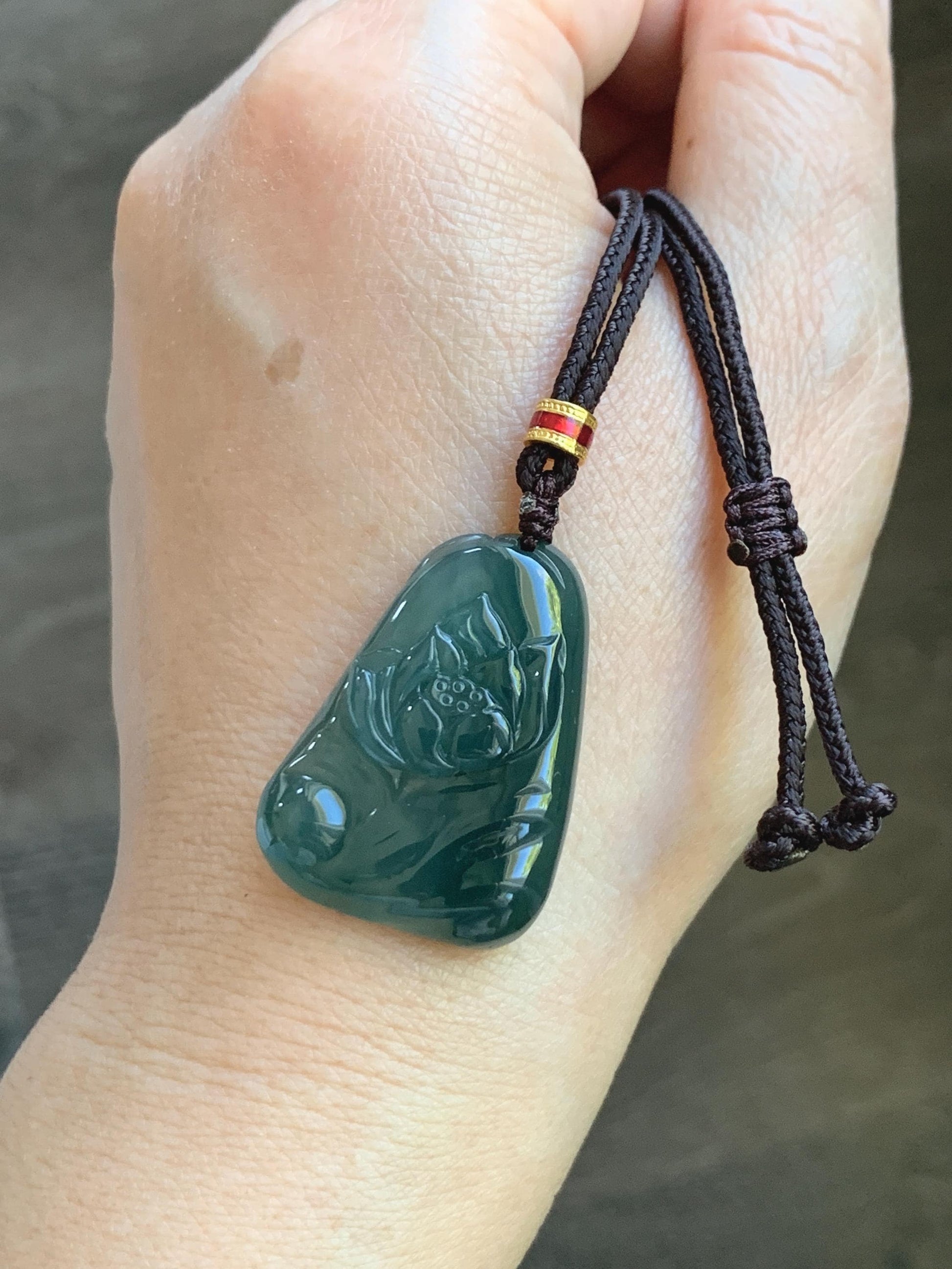 Natural Grade A Guatemalan Icy Translucent Dark Teal Green Jade Jadeite Lotus Flower Pendant Rope Necklace 26” 天然冰胶危深蓝绿翡翠莲花吊坠 WLL132