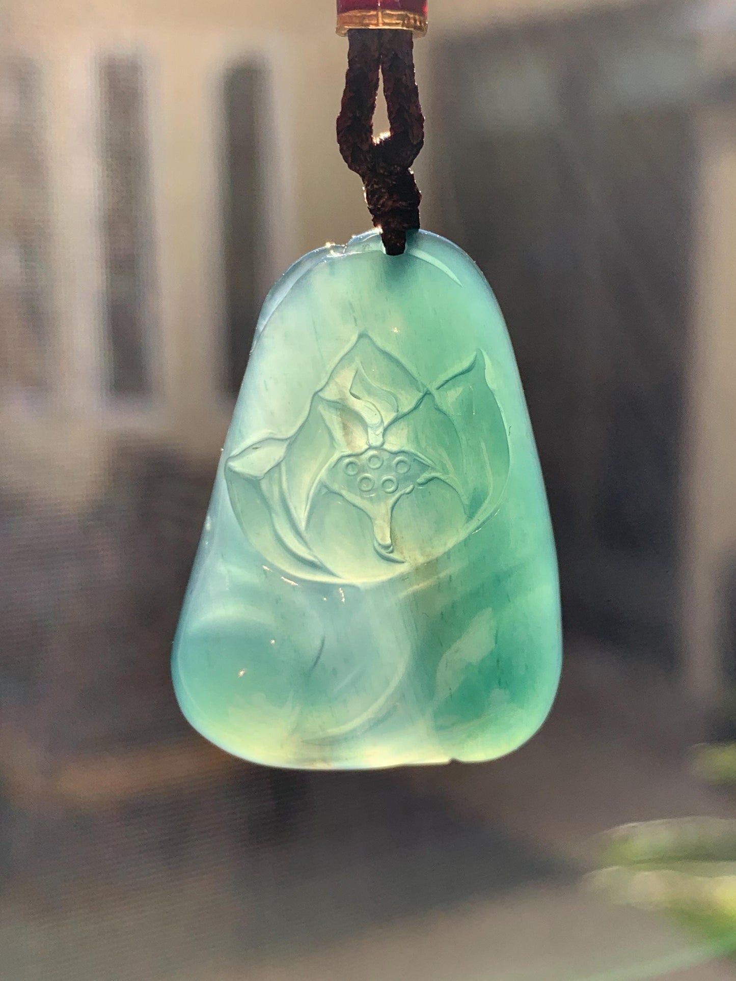 Natural Grade A Guatemalan Icy Translucent Dark Teal Green Jade Jadeite Lotus Flower Pendant Rope Necklace 26” 天然冰胶危深蓝绿翡翠莲花吊坠 WLL132