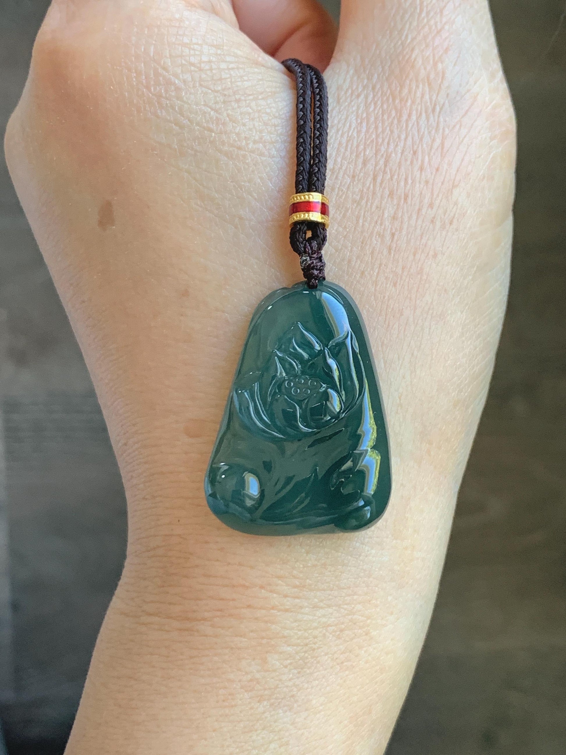 Natural Grade A Guatemalan Icy Translucent Dark Teal Green Jade Jadeite Lotus Flower Pendant Rope Necklace 26” 天然冰胶危深蓝绿翡翠莲花吊坠 WLL132