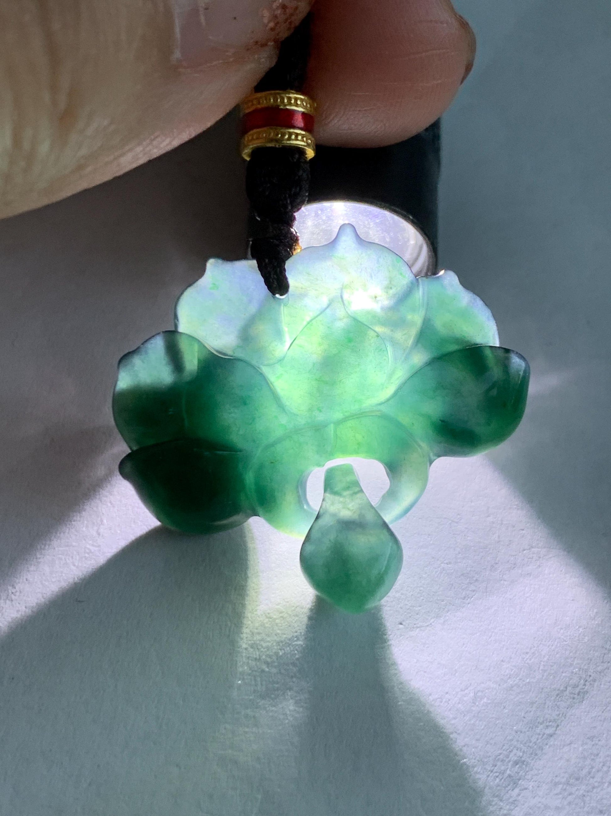 Natural Grade A Guatemalan Icy Translucent Dark Teal Green Jade Jadeite Lotus Flower Pendant Rope Necklace 26” 天然冰胶危深蓝绿翡翠莲花吊坠 WLH316A