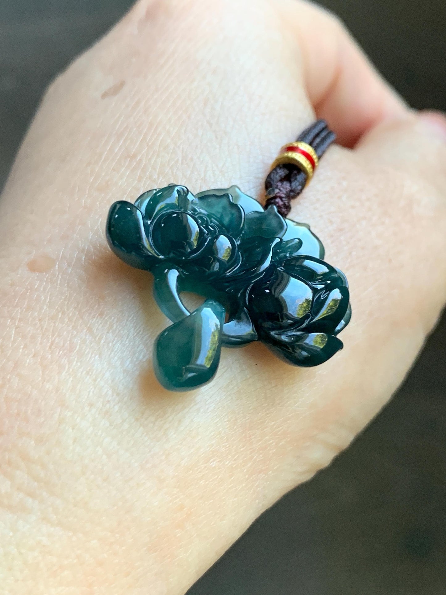 Natural Grade A Guatemalan Icy Translucent Dark Teal Green Jade Jadeite Lotus Flower Pendant Rope Necklace 26” 天然冰胶危深蓝绿翡翠莲花吊坠 WLH316A