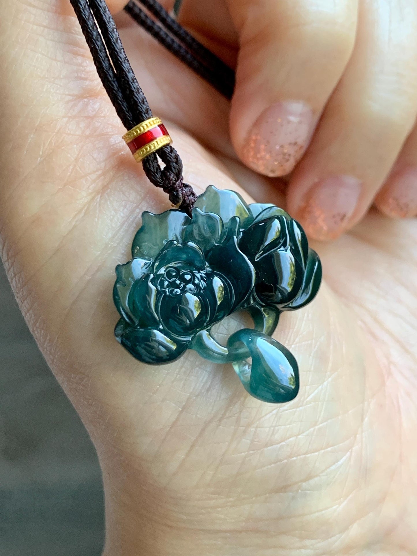 Natural Grade A Guatemalan Icy Translucent Dark Teal Green Jade Jadeite Lotus Flower Pendant Rope Necklace 26” 天然冰胶危深蓝绿翡翠莲花吊坠 WLH316A