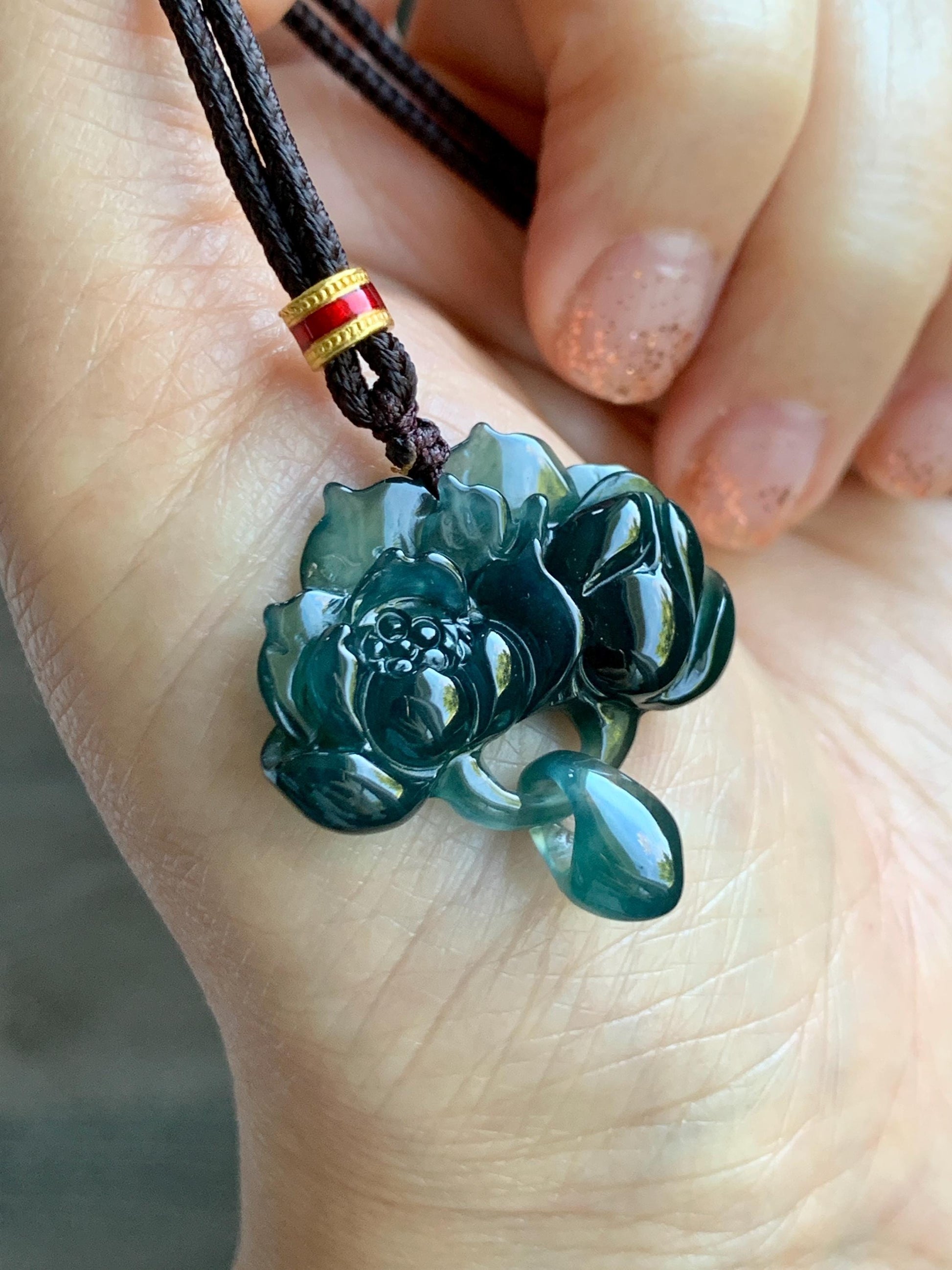 Natural Grade A Guatemalan Icy Translucent Dark Teal Green Jade Jadeite Lotus Flower Pendant Rope Necklace 26” 天然冰胶危深蓝绿翡翠莲花吊坠 WLH316A