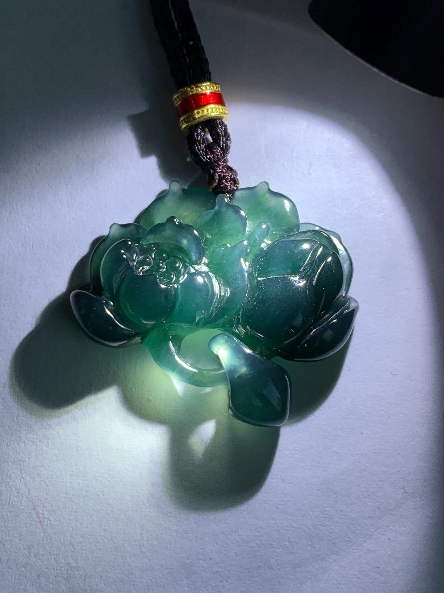 Natural Grade A Guatemalan Icy Translucent Dark Teal Green Jade Jadeite Lotus Flower Pendant Rope Necklace 26” 天然冰胶危深蓝绿翡翠莲花吊坠 WLH316A