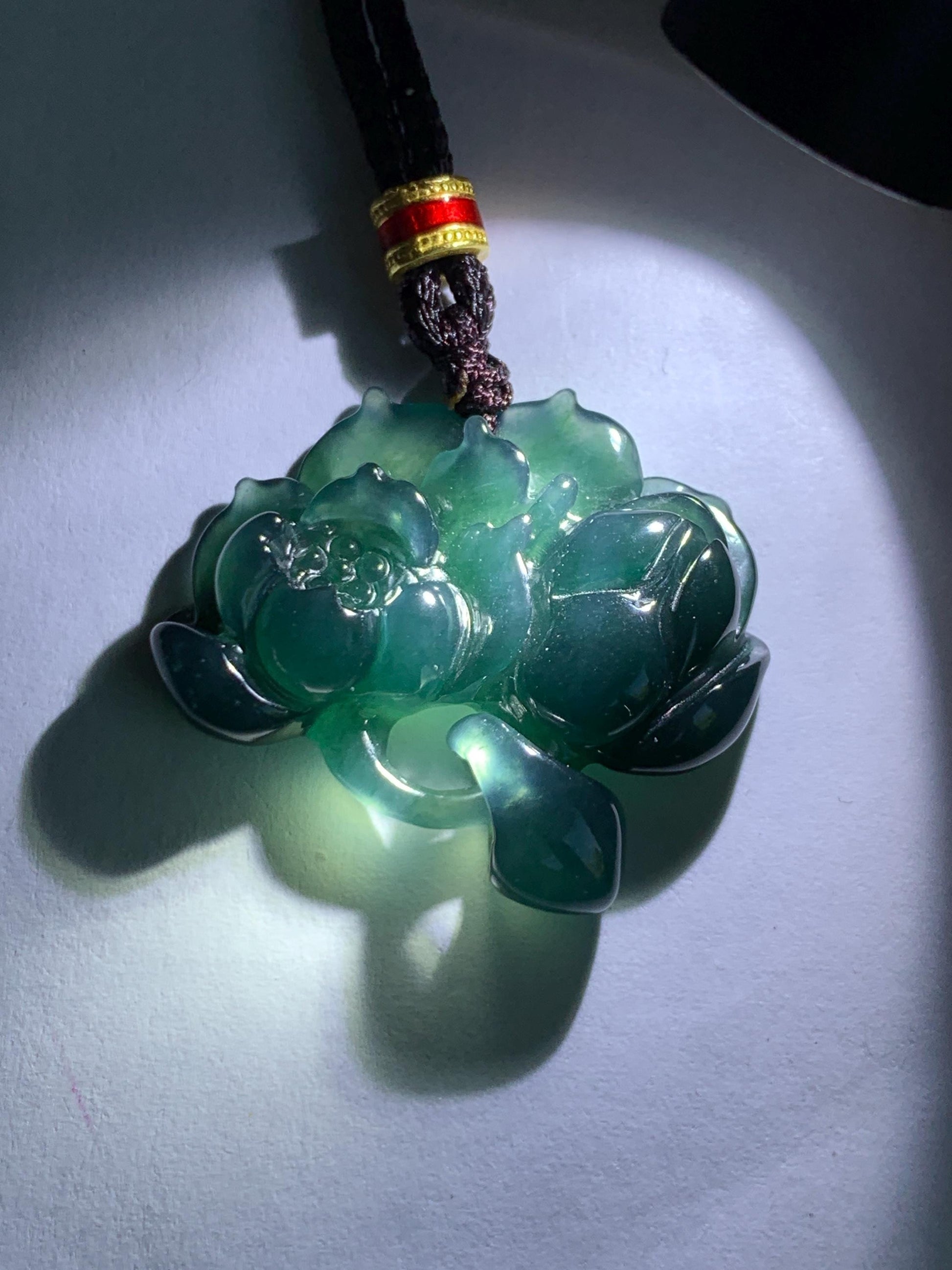 Natural Grade A Guatemalan Icy Translucent Dark Teal Green Jade Jadeite Lotus Flower Pendant Rope Necklace 26” 天然冰胶危深蓝绿翡翠莲花吊坠 WLH316A
