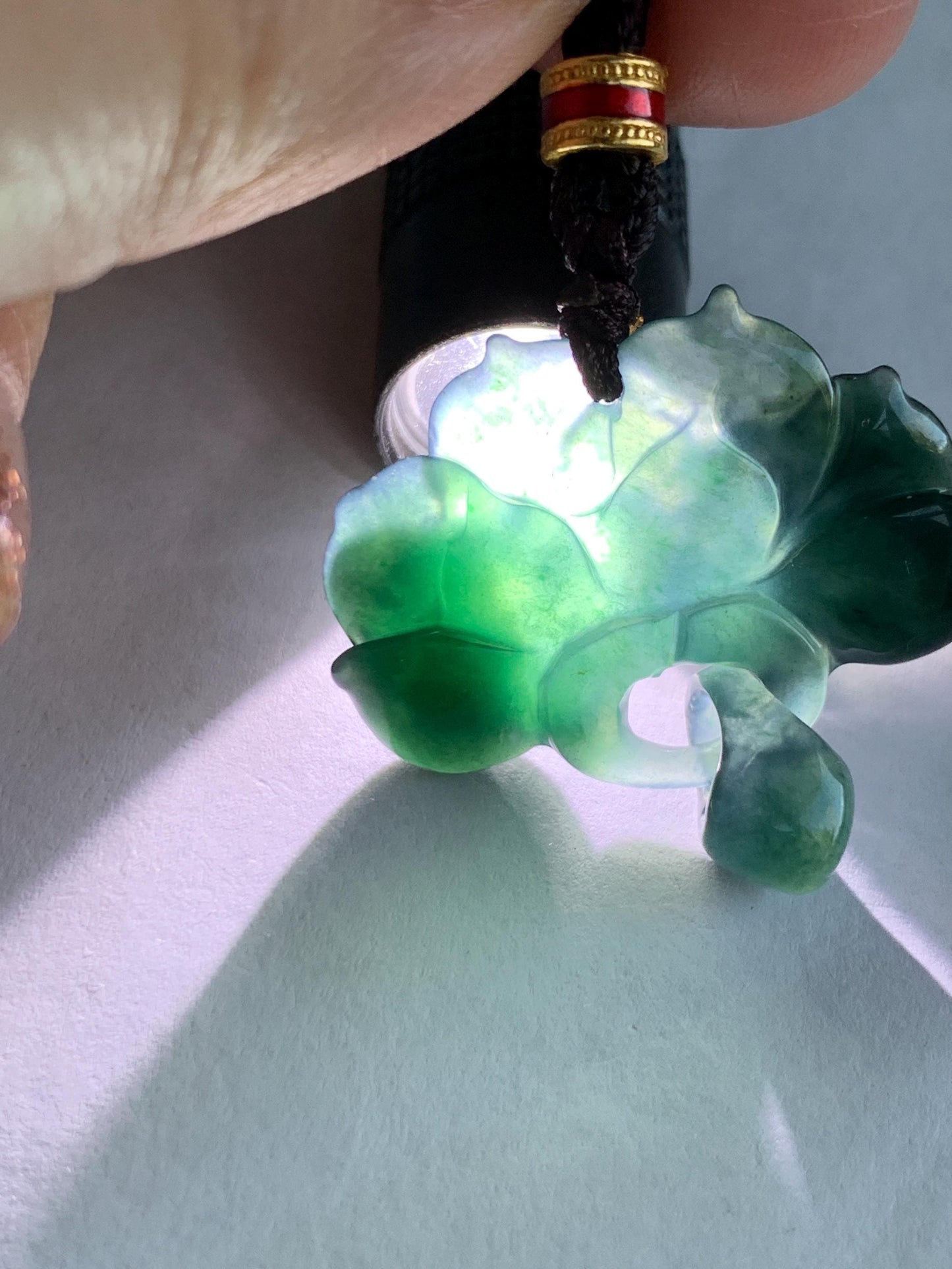 Natural Grade A Guatemalan Icy Translucent Dark Teal Green Jade Jadeite Lotus Flower Pendant Rope Necklace 26” 天然冰胶危深蓝绿翡翠莲花吊坠 WLH316A