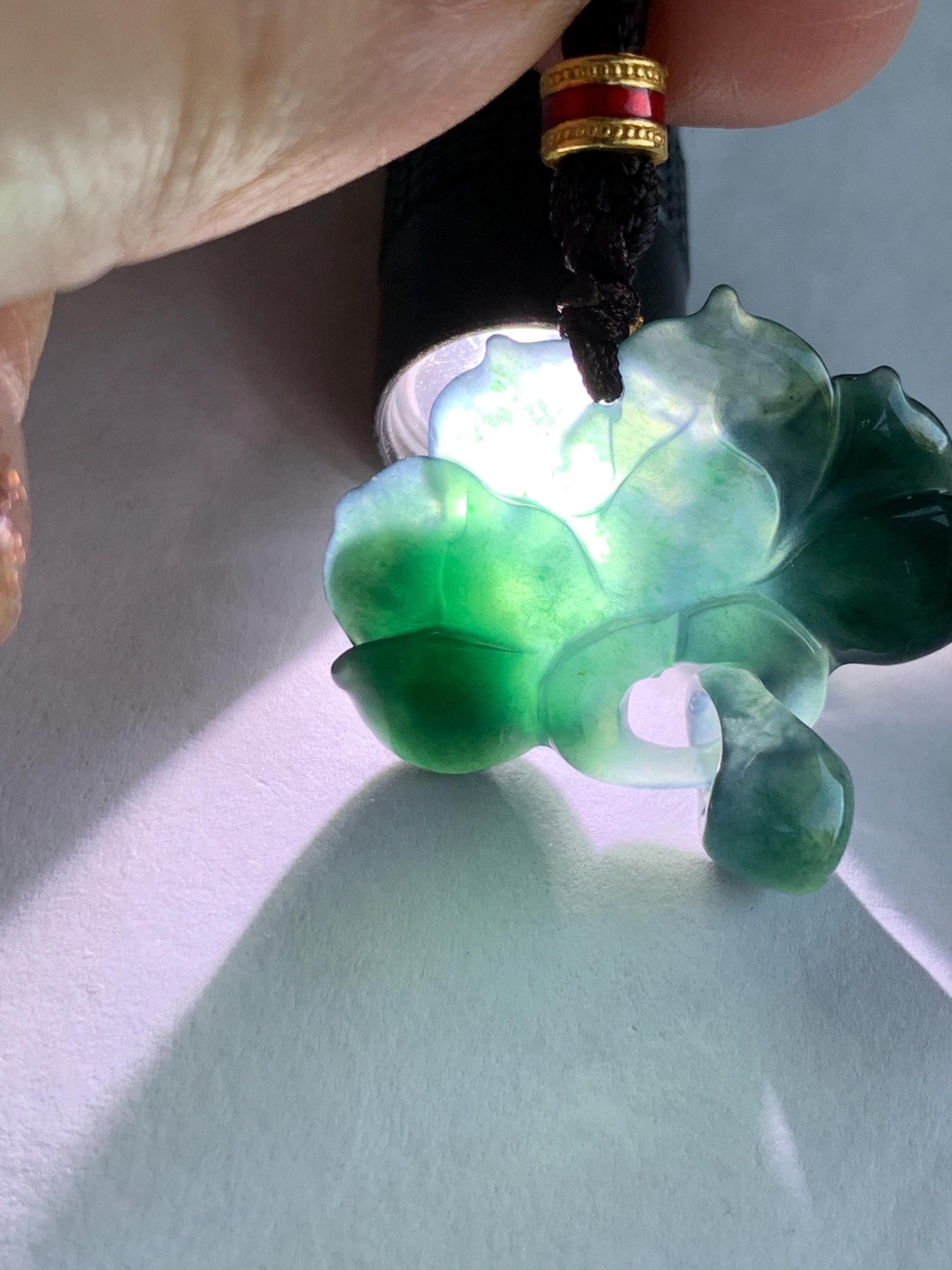 Natural Grade A Guatemalan Icy Translucent Dark Teal Green Jade Jadeite Lotus Flower Pendant Rope Necklace 26” 天然冰胶危深蓝绿翡翠莲花吊坠 WLH316A