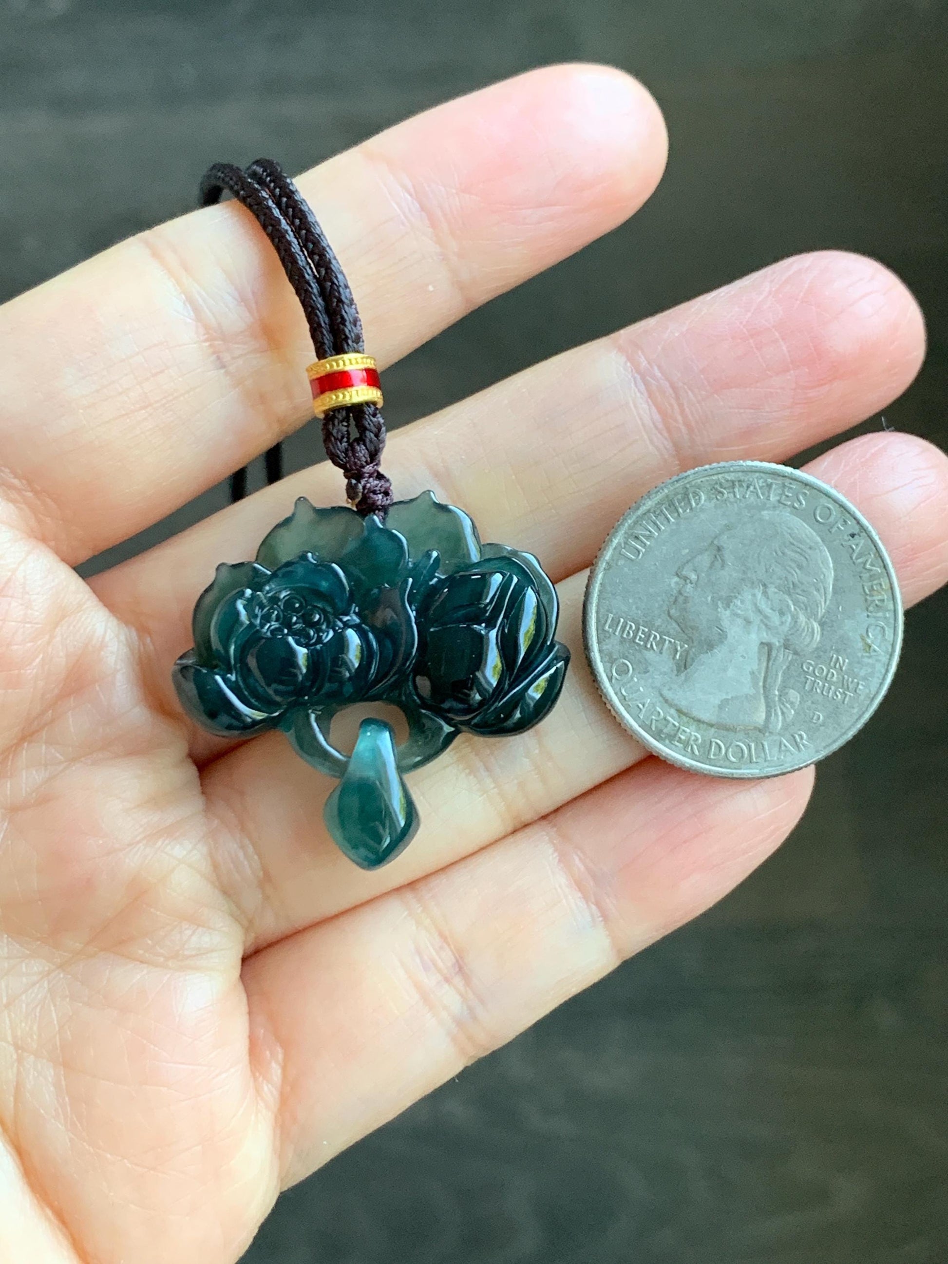 Natural Grade A Guatemalan Icy Translucent Dark Teal Green Jade Jadeite Lotus Flower Pendant Rope Necklace 26” 天然冰胶危深蓝绿翡翠莲花吊坠 WLH316A
