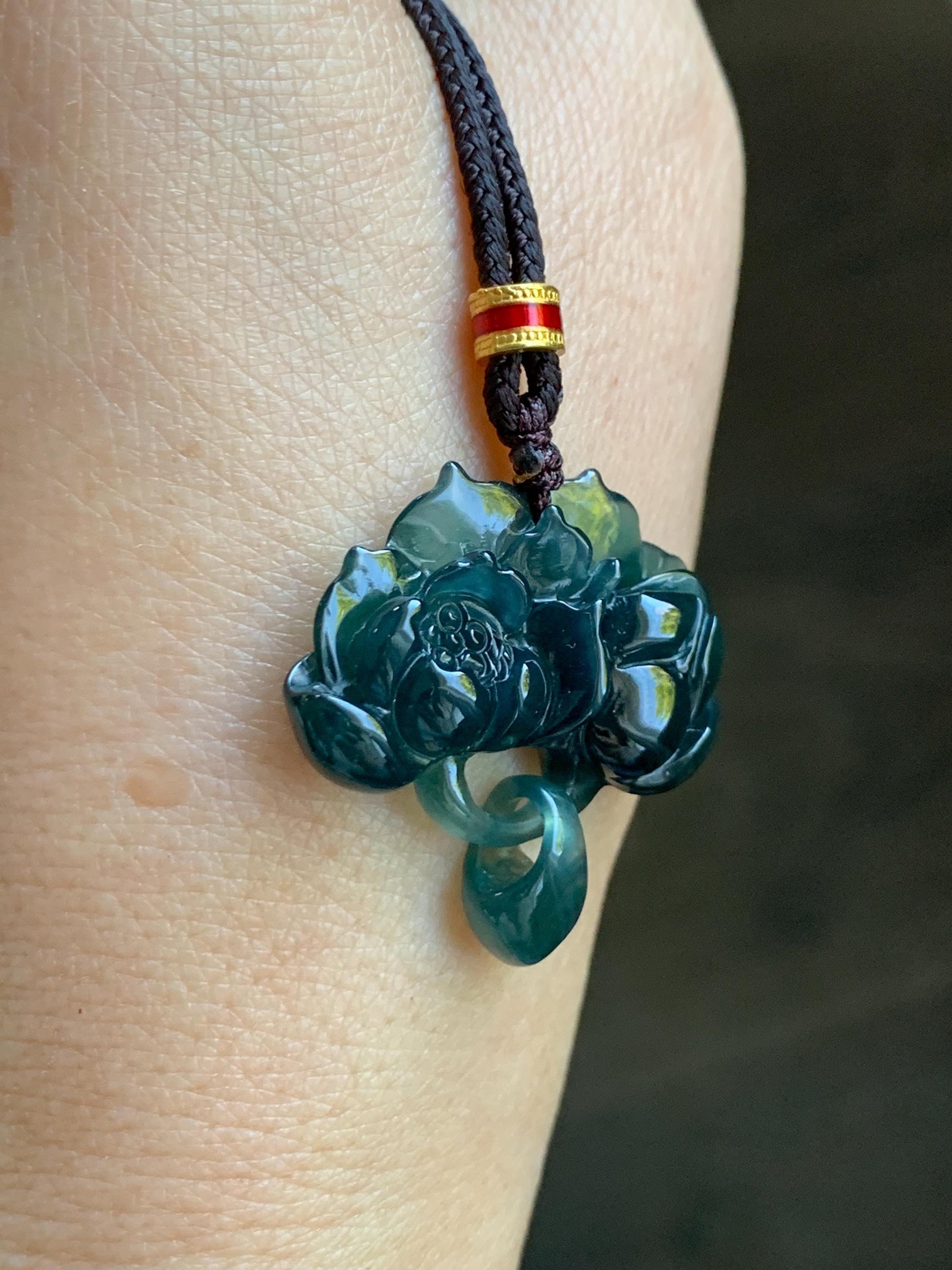 Natural Grade A Guatemalan Icy Translucent Dark Teal Green Jade Jadeite Lotus Flower Pendant Rope Necklace 26” 天然冰胶危深蓝绿翡翠莲花吊坠 WLH316A