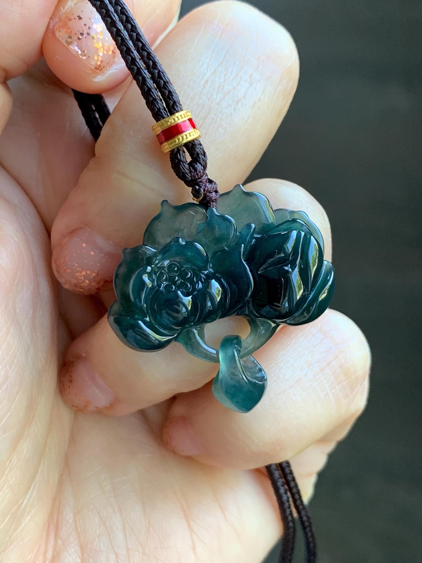 Natural Grade A Guatemalan Icy Translucent Dark Teal Green Jade Jadeite Lotus Flower Pendant Rope Necklace 26” 天然冰胶危深蓝绿翡翠莲花吊坠 WLH316A